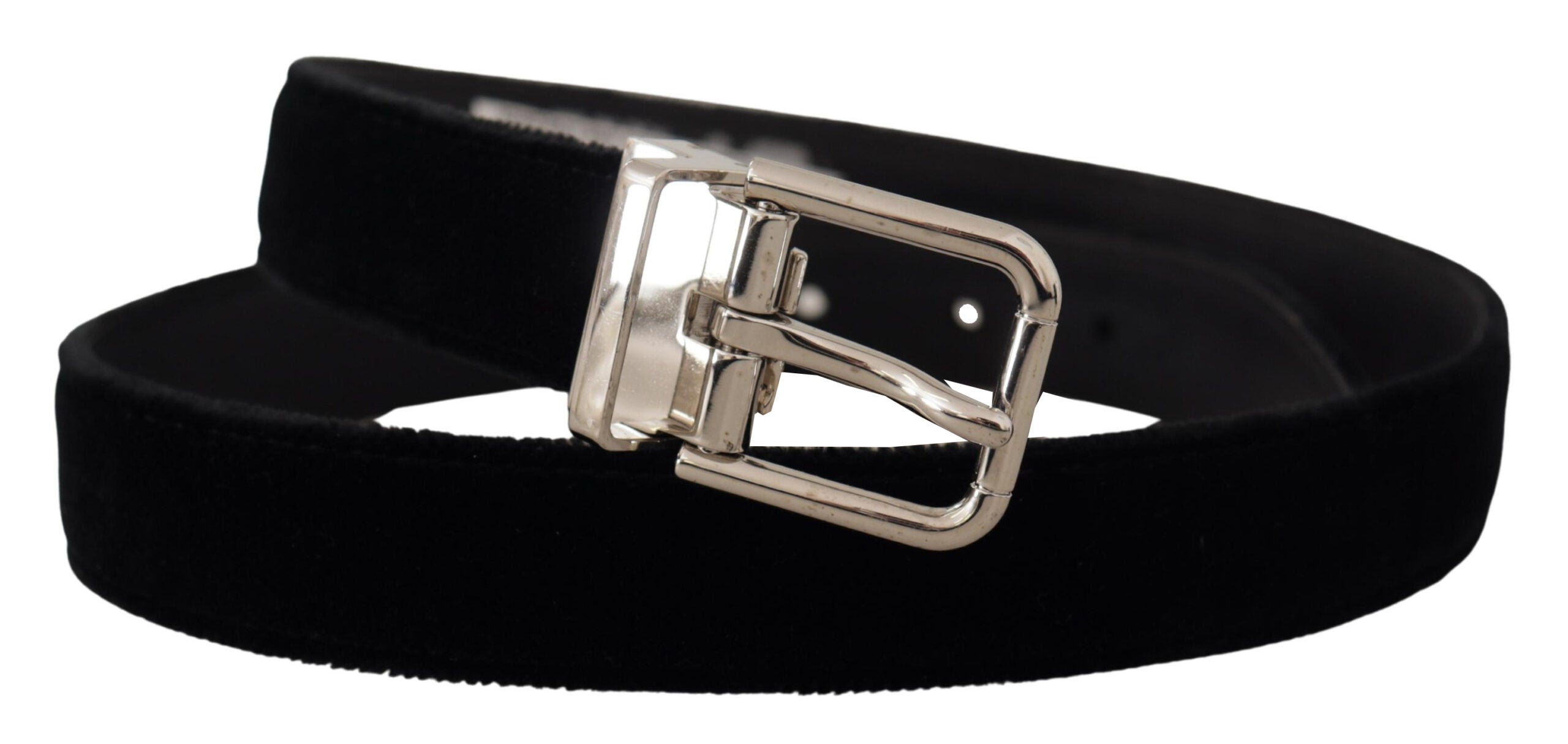 Dolce & Gabbana Schwarzer Samtgürtel mit silberfarbener Metallschnalle mit Logo