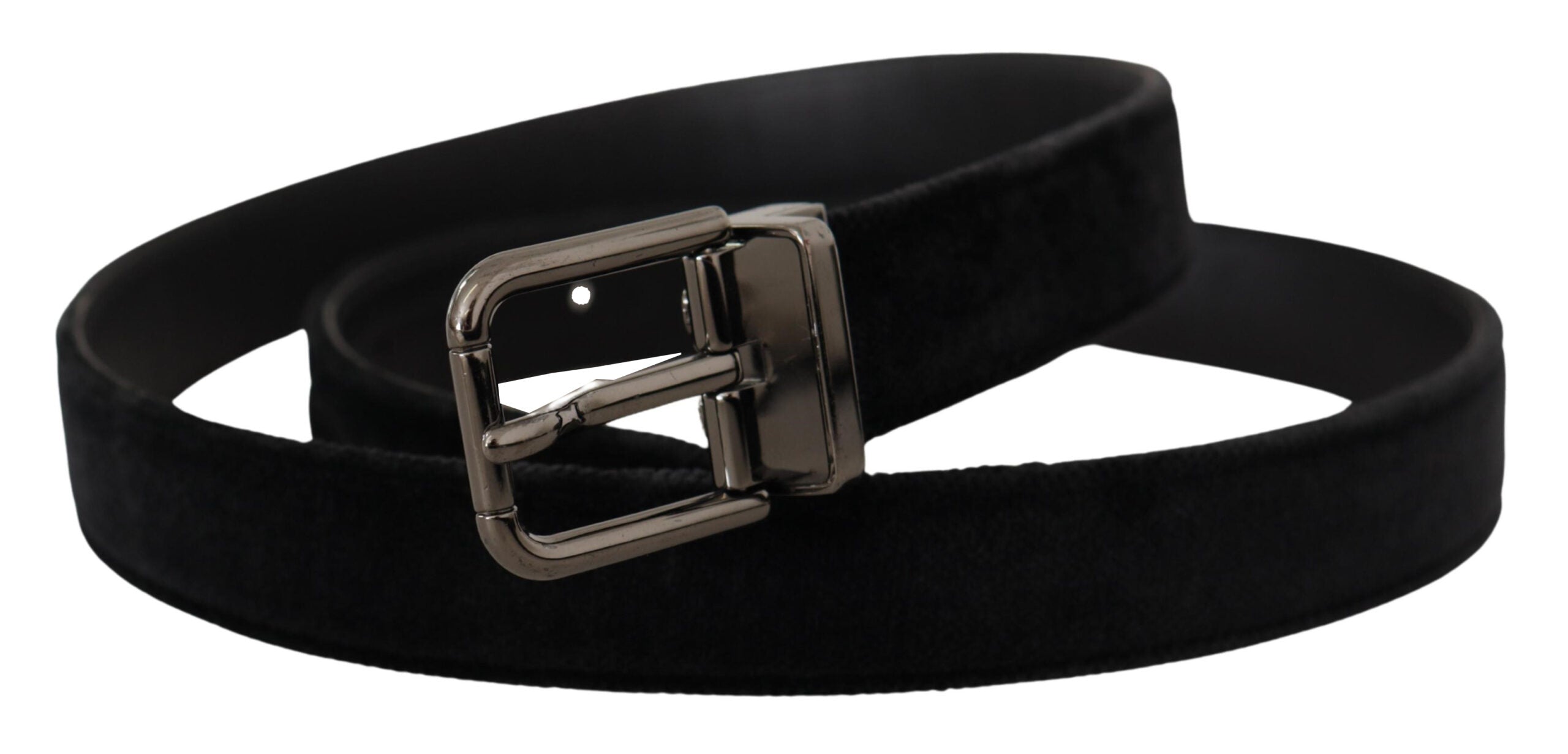 Dolce & Gabbana Schwarzer Samtgürtel mit silberfarbener Logo-Metallschnalle