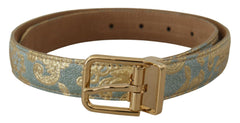 Dolce & Gabbana Gürtel aus blauem Leder mit Jacquardprägung und goldener Metallschnalle