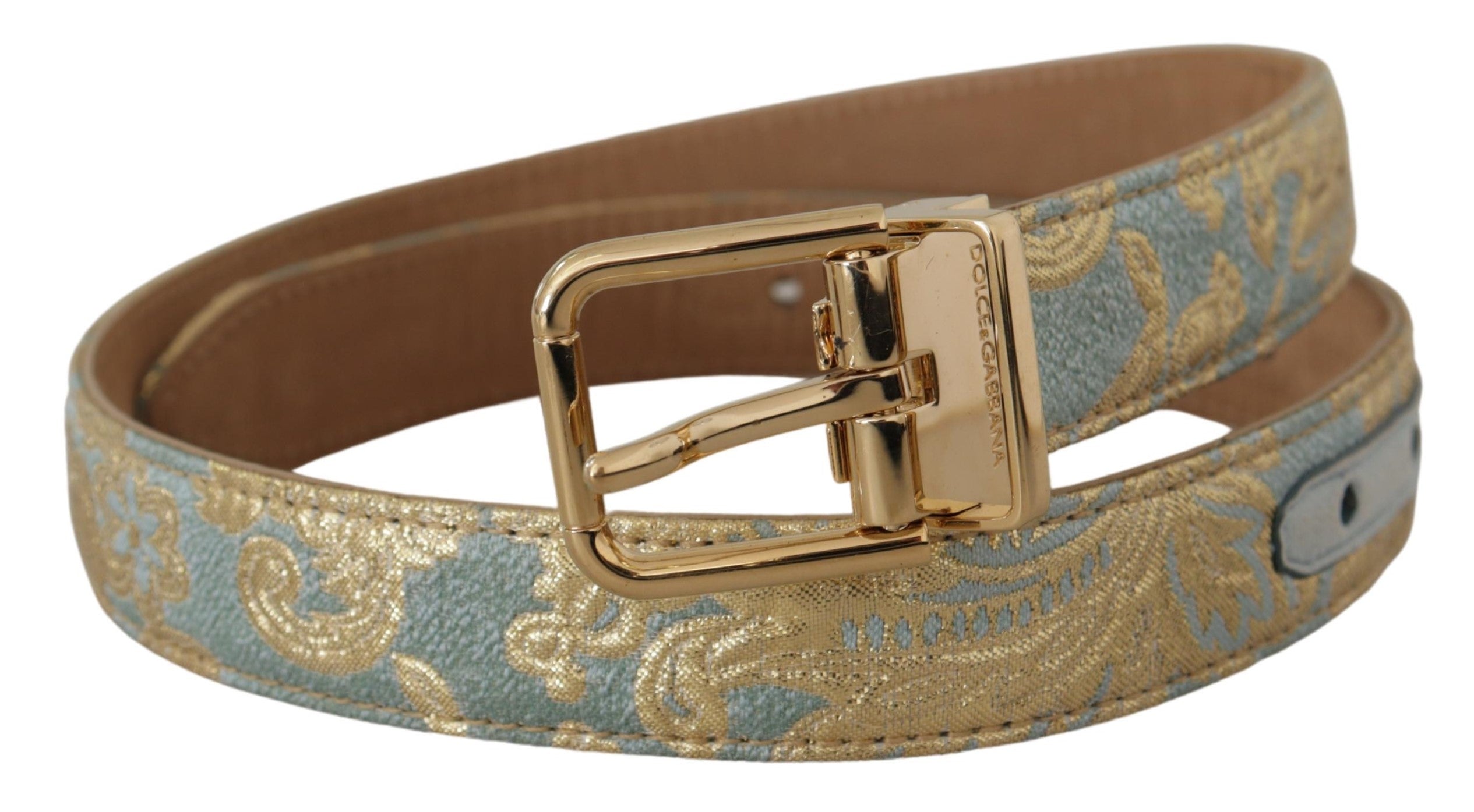 Dolce & Gabbana Gürtel aus blauem Leder mit Jacquardprägung und goldener Metallschnalle