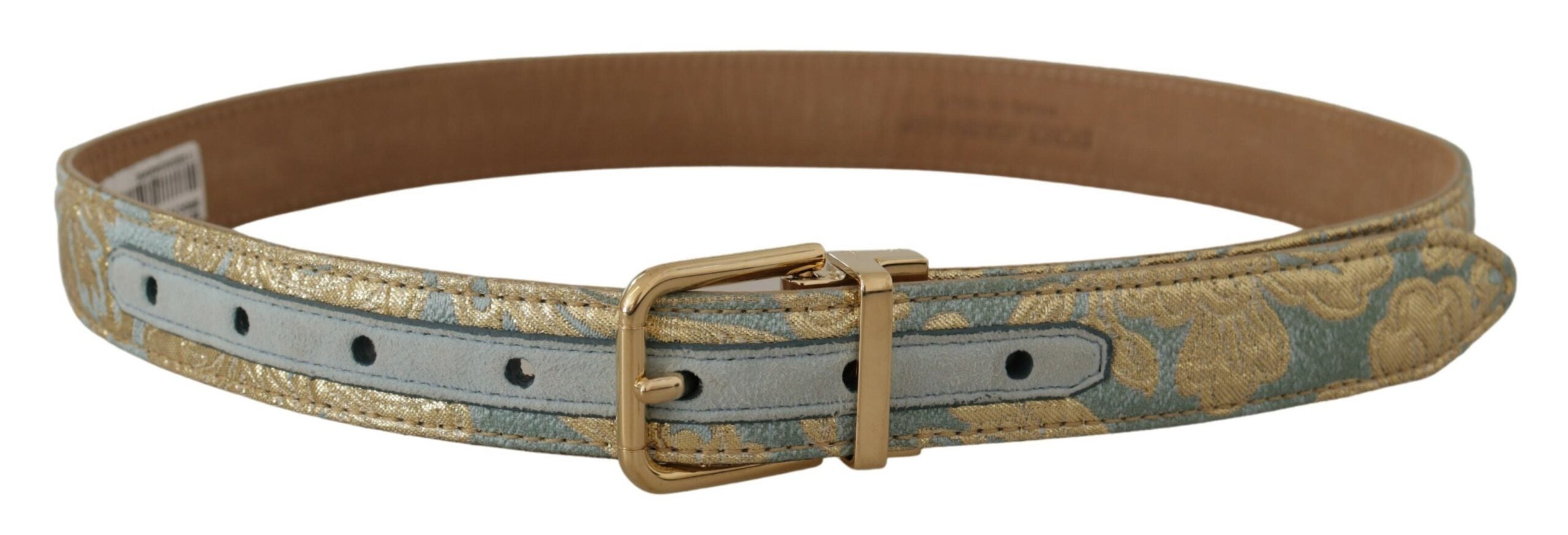 Dolce & Gabbana Gürtel aus blauem Leder mit Jacquardprägung und goldener Metallschnalle