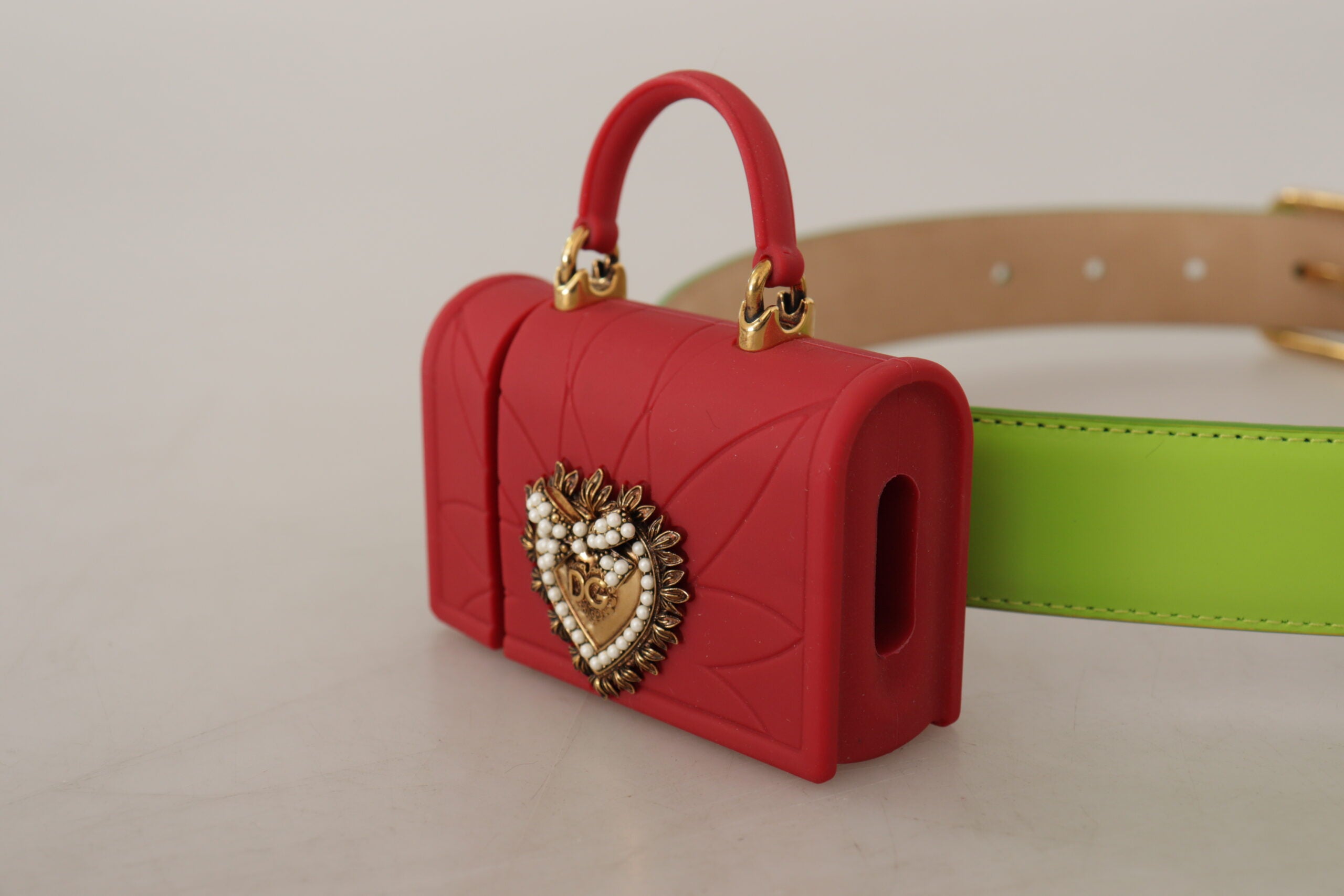 Dolce & Gabbana Grüne Leder Devotion Herz Micro Tasche Kopfhörer Gürtel