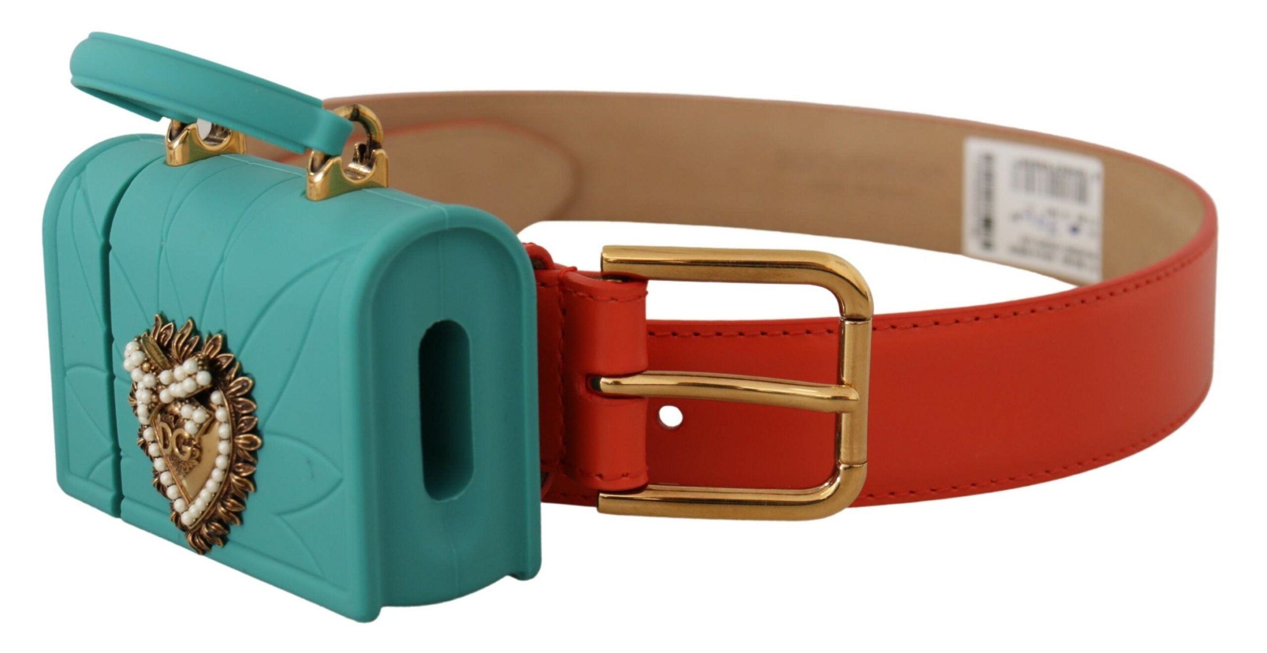 Dolce & Gabbana Orangefarbene Leder Devotion Heart Mikro-Tasche Kopfhörer Gürtel