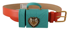 Dolce & Gabbana Orangefarbene Leder Devotion Heart Mikro-Tasche Kopfhörer Gürtel