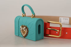 Dolce & Gabbana Orangefarbene Leder Devotion Heart Mikro-Tasche Kopfhörer Gürtel