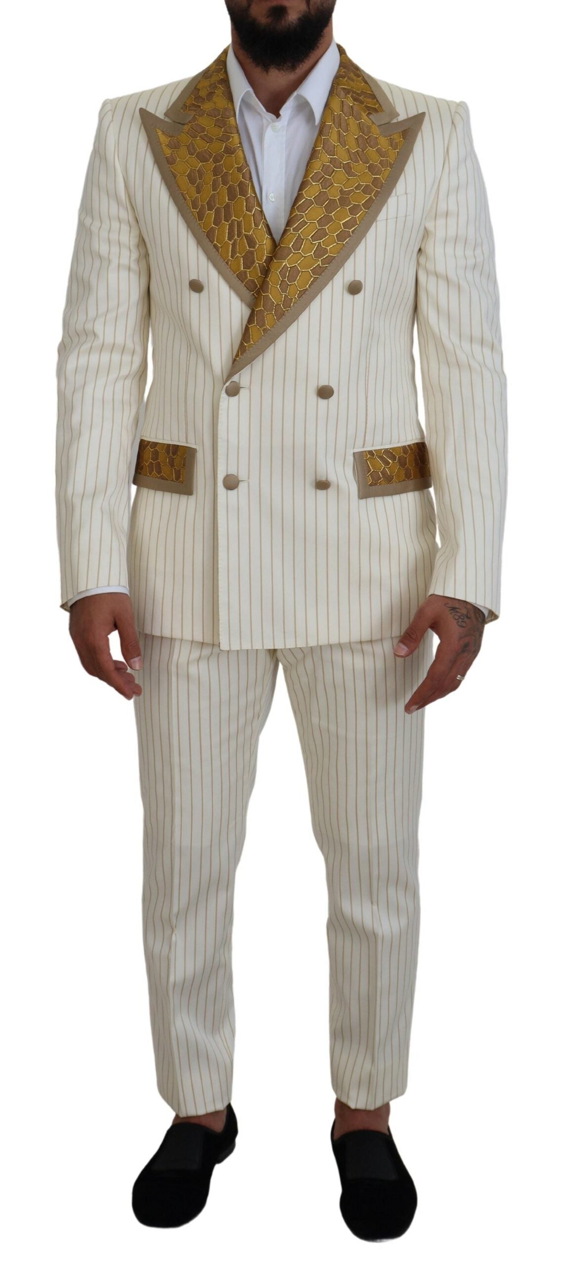 Dolce & Gabbana Off-White Gold Gestreifter Smoking im Slim Fit