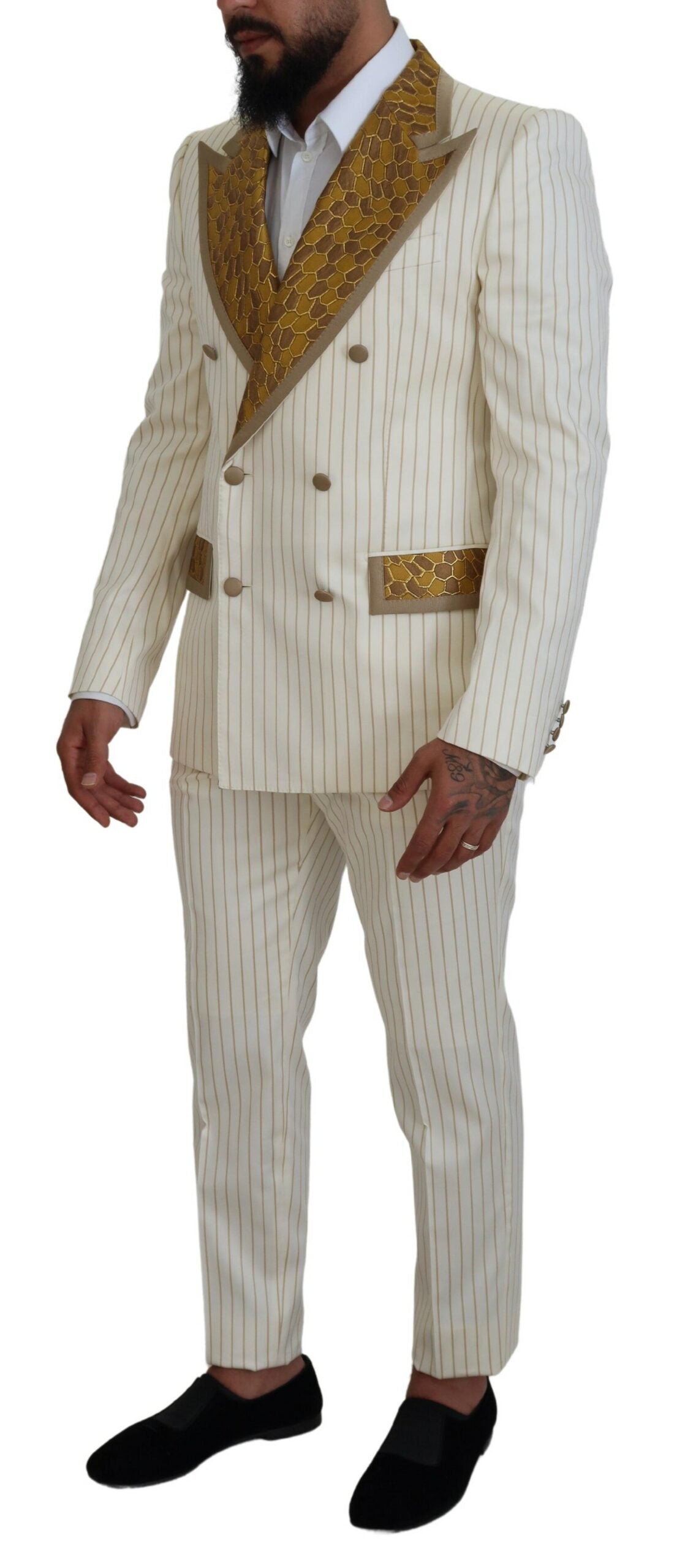 Dolce & Gabbana Off-White Gold Gestreifter Smoking im Slim Fit