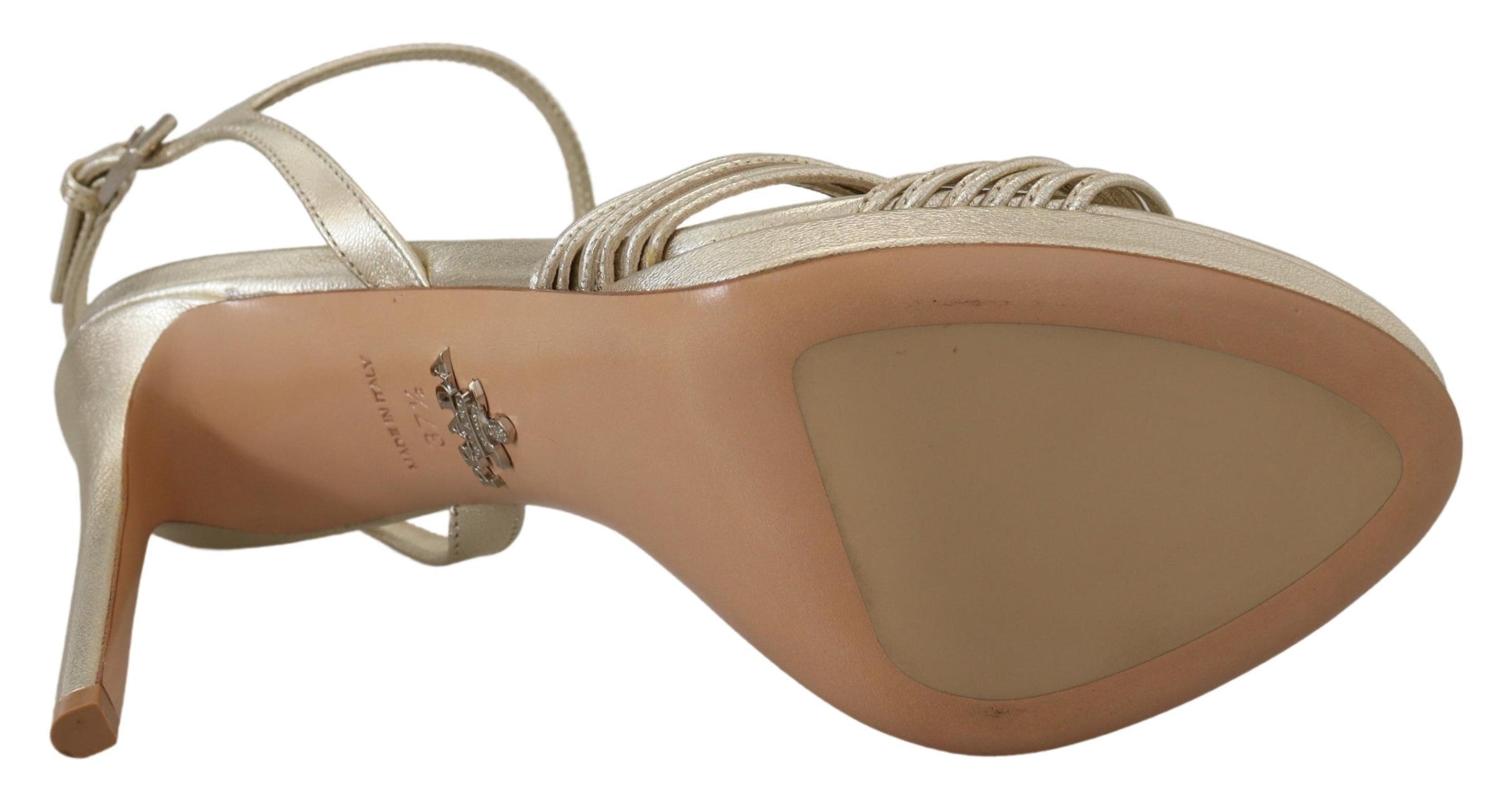 Prada Goldene Leder-Sandalen Knöchelriemen Pfennigabsatz Sandale
