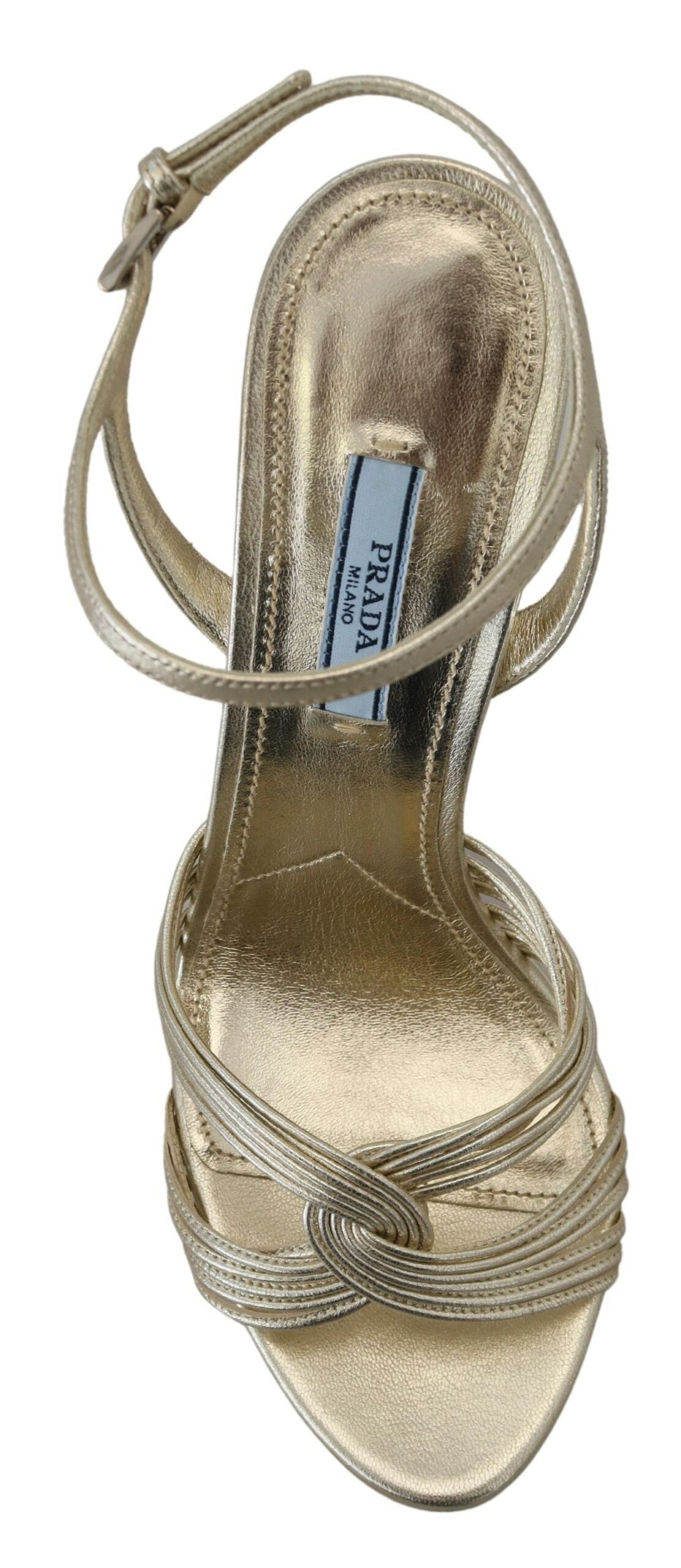 Prada Goldene Leder-Sandalen Knöchelriemen Pfennigabsatz Sandale