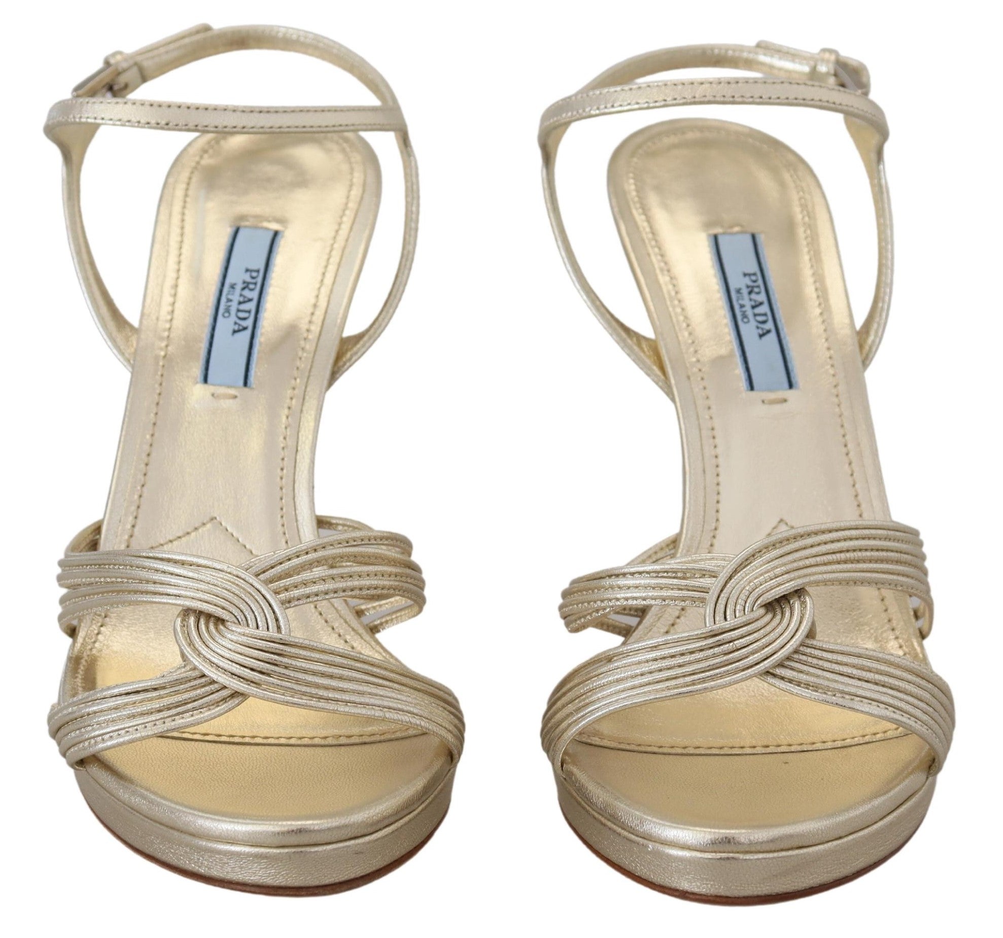 Prada Goldene Leder-Sandalen Knöchelriemen Pfennigabsatz Sandale