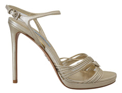 Prada Goldene Leder-Sandalen Knöchelriemen Pfennigabsatz Sandale