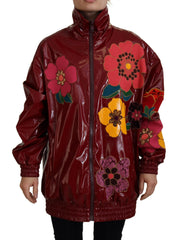 Dolce & Gabbana Weinrote Blumen-Polyester-Damenjacke mit durchgehendem Reißverschluss