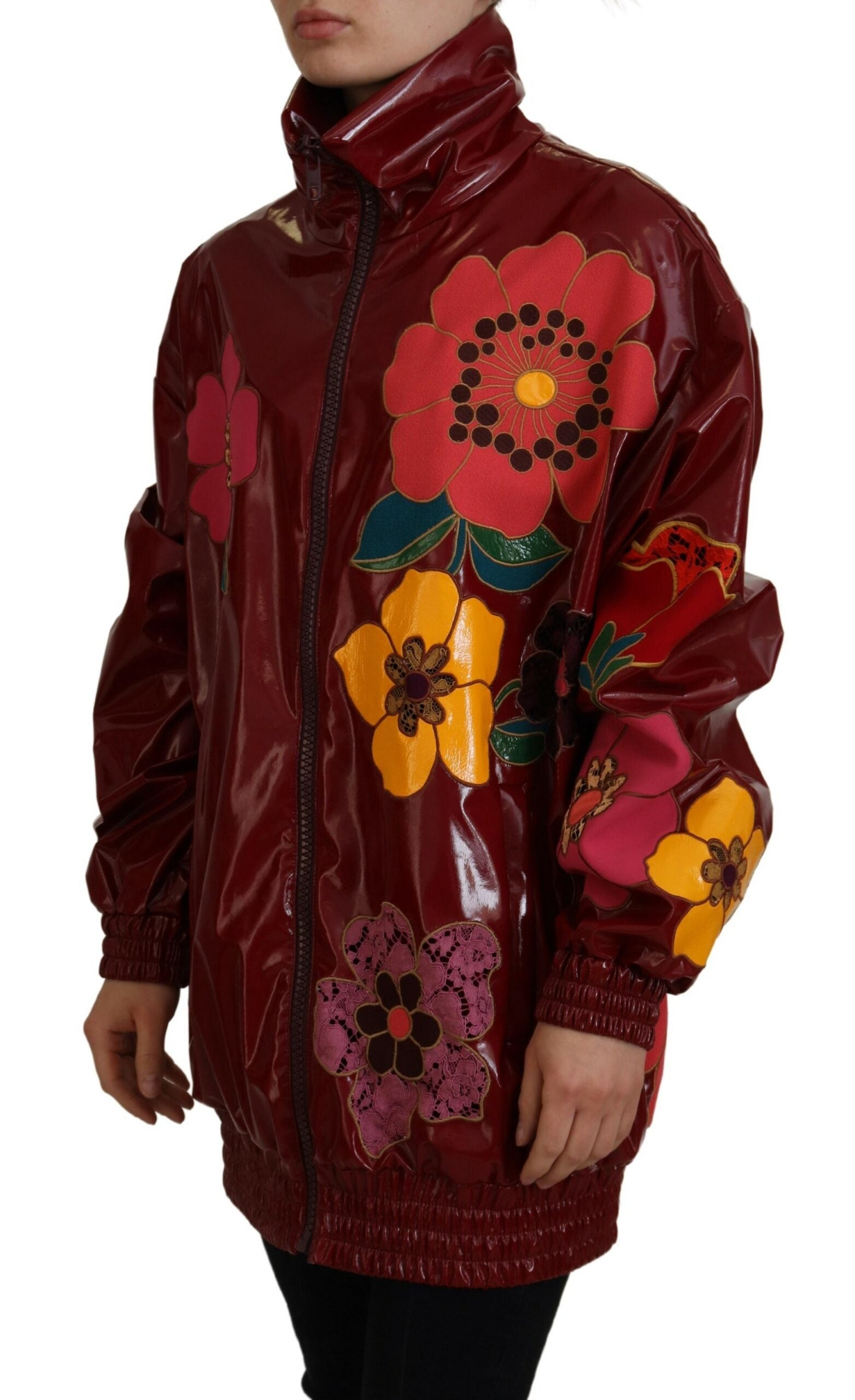 Dolce & Gabbana Weinrote Blumen-Polyester-Damenjacke mit durchgehendem Reißverschluss