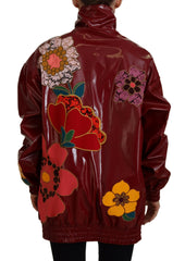 Dolce & Gabbana Weinrote Blumen-Polyester-Damenjacke mit durchgehendem Reißverschluss