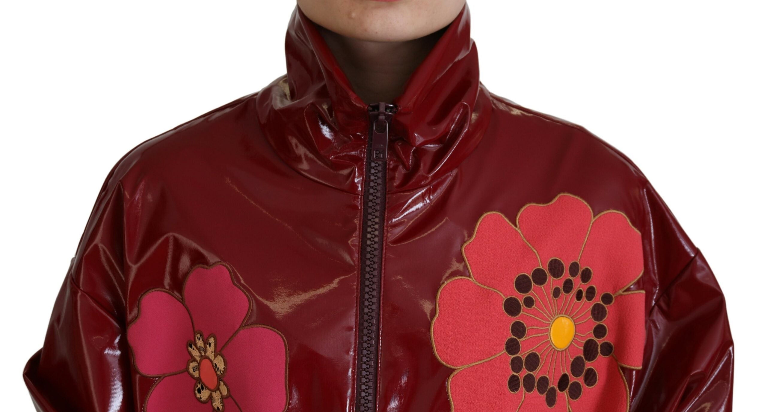 Dolce & Gabbana Weinrote Blumen-Polyester-Damenjacke mit durchgehendem Reißverschluss