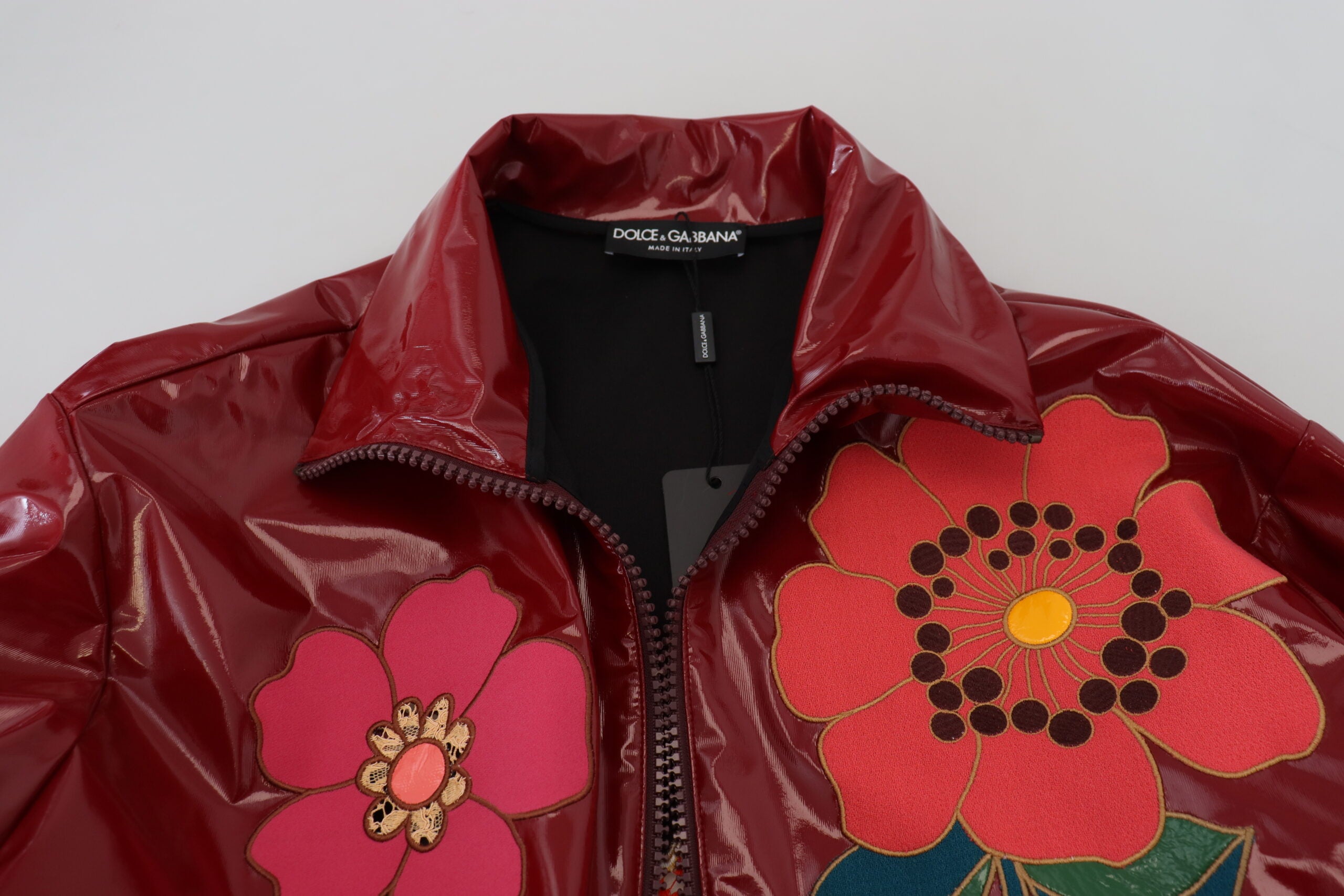 Dolce & Gabbana Weinrote Blumen-Polyester-Damenjacke mit durchgehendem Reißverschluss