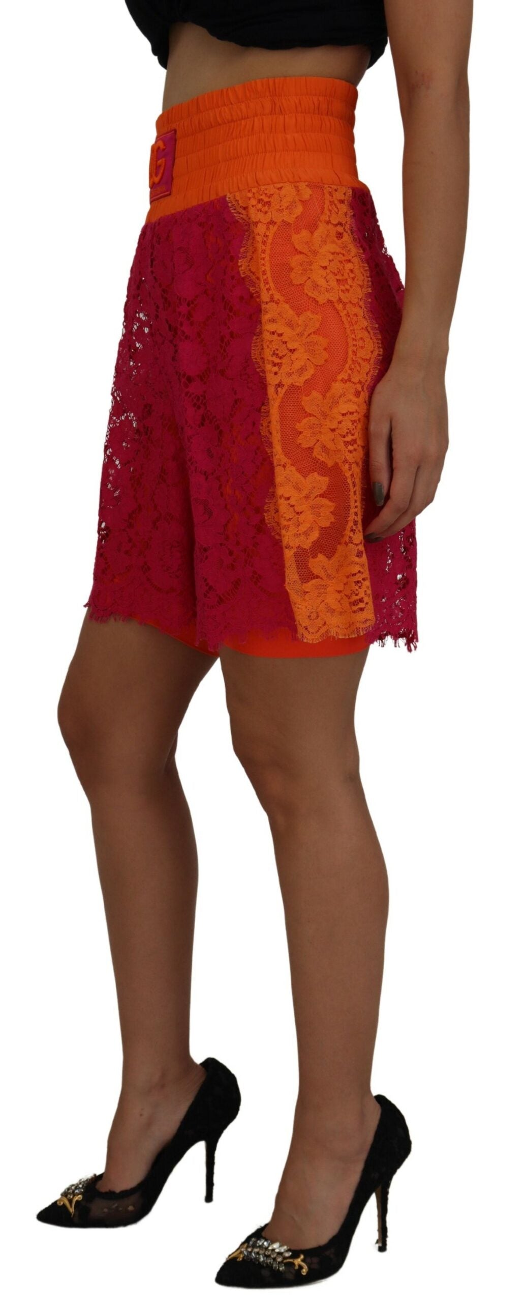 Dolce & Gabbana Pink-Orange Spitzen-Baumwoll-High-Waist-Shorts
