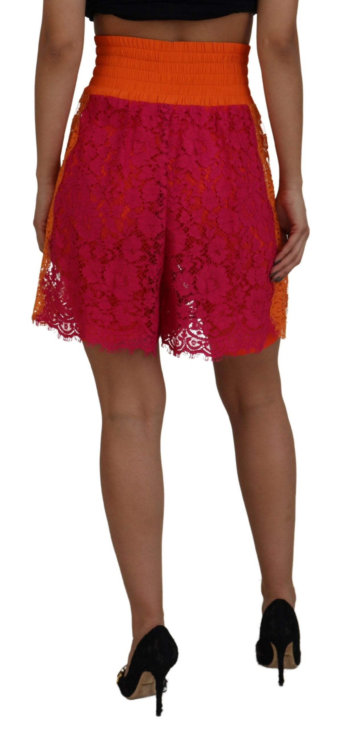 Dolce & Gabbana Pink-Orange Spitzen-Baumwoll-High-Waist-Shorts