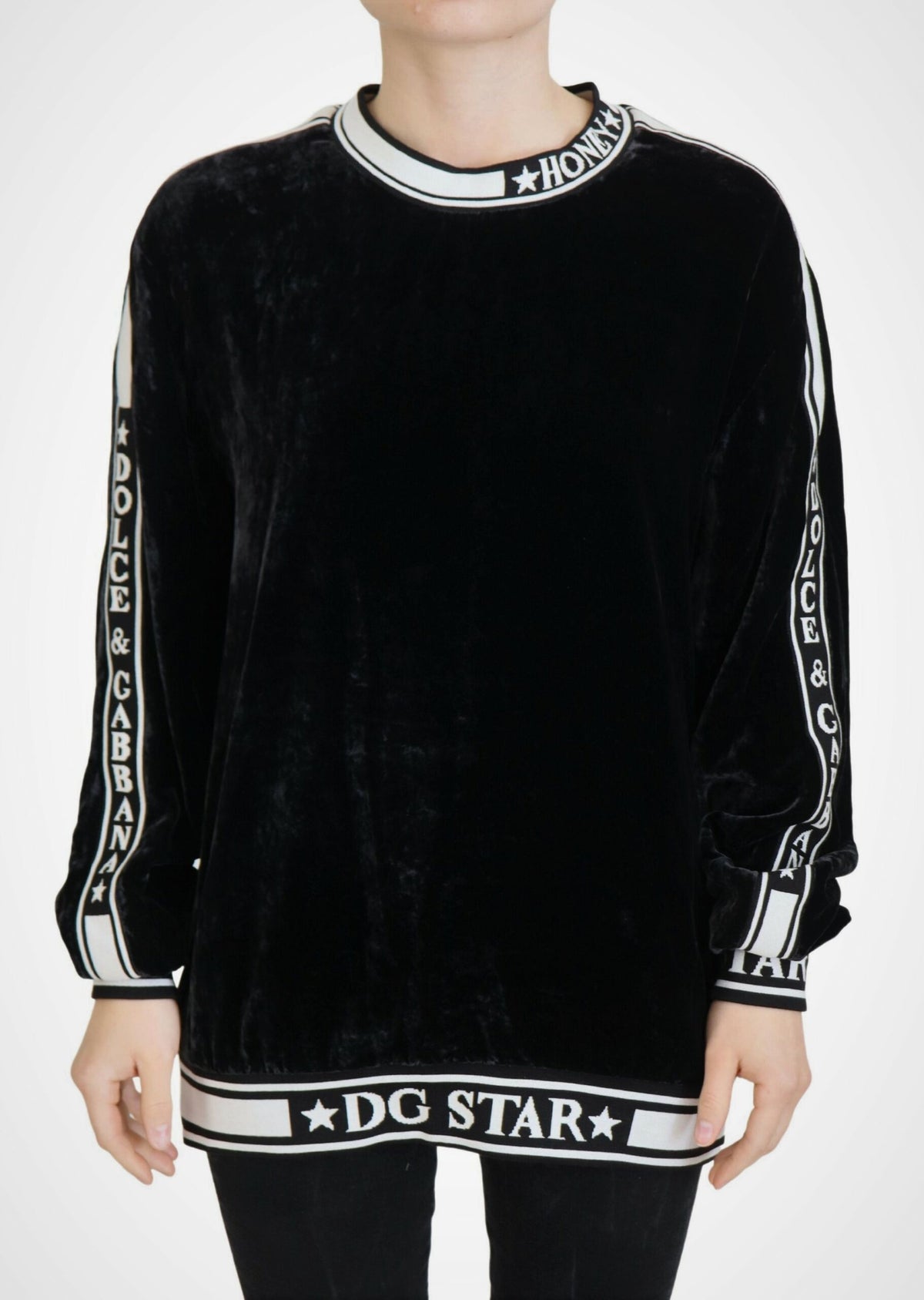 Dolce & Gabbana Schwarzer Samtpullover mit Rundhalsausschnitt