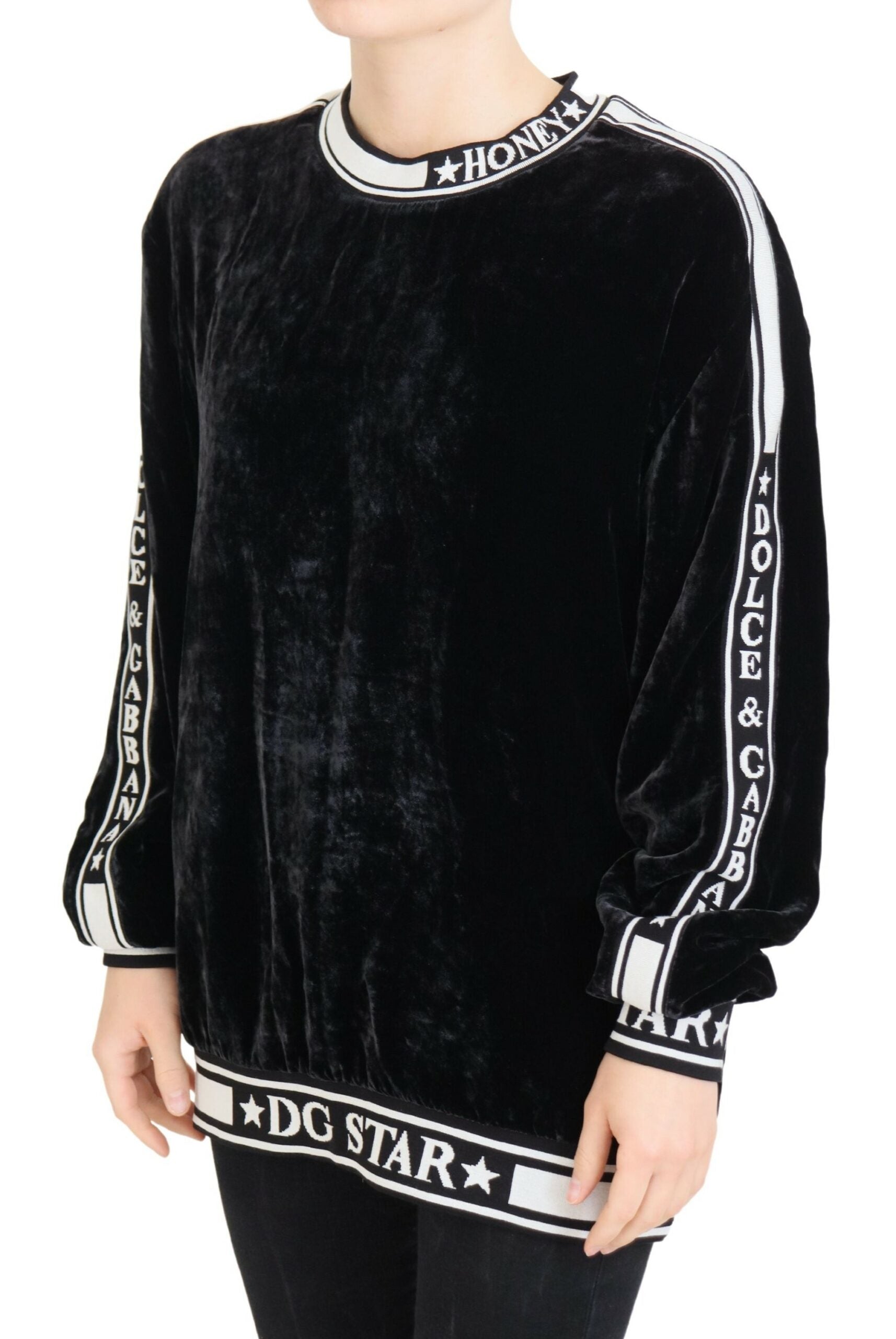Dolce & Gabbana Schwarzer Samtpullover mit Rundhalsausschnitt