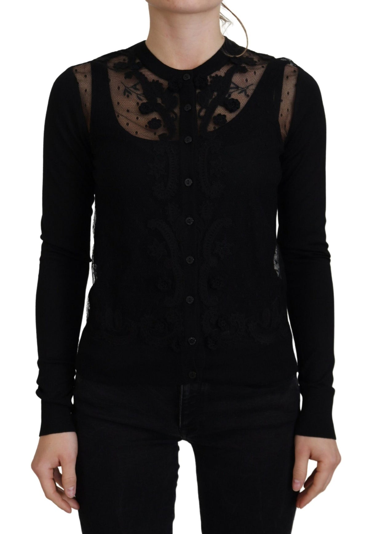 Dolce & Gabbana Schwarze floral gemusterte Strickjacke aus Spitze mit Knöpfen
