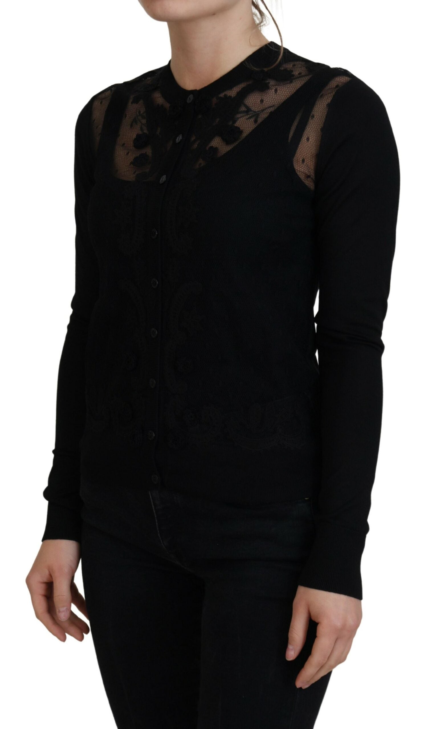 Dolce & Gabbana Schwarze floral gemusterte Strickjacke aus Spitze mit Knöpfen