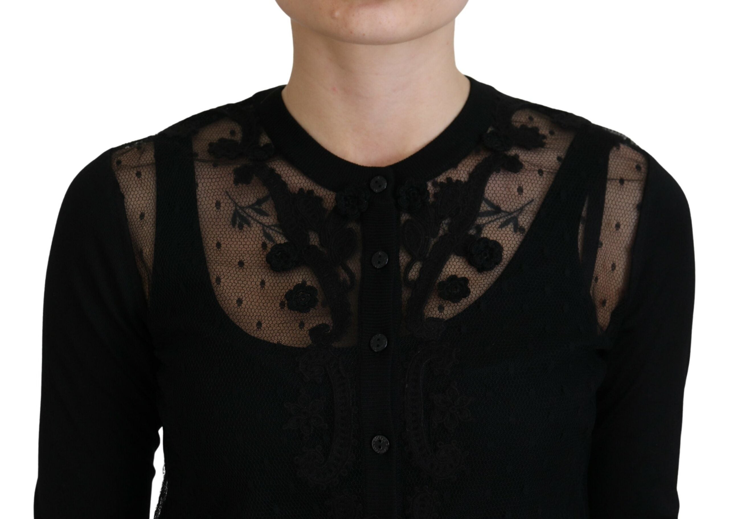 Dolce & Gabbana Schwarze floral gemusterte Strickjacke aus Spitze mit Knöpfen