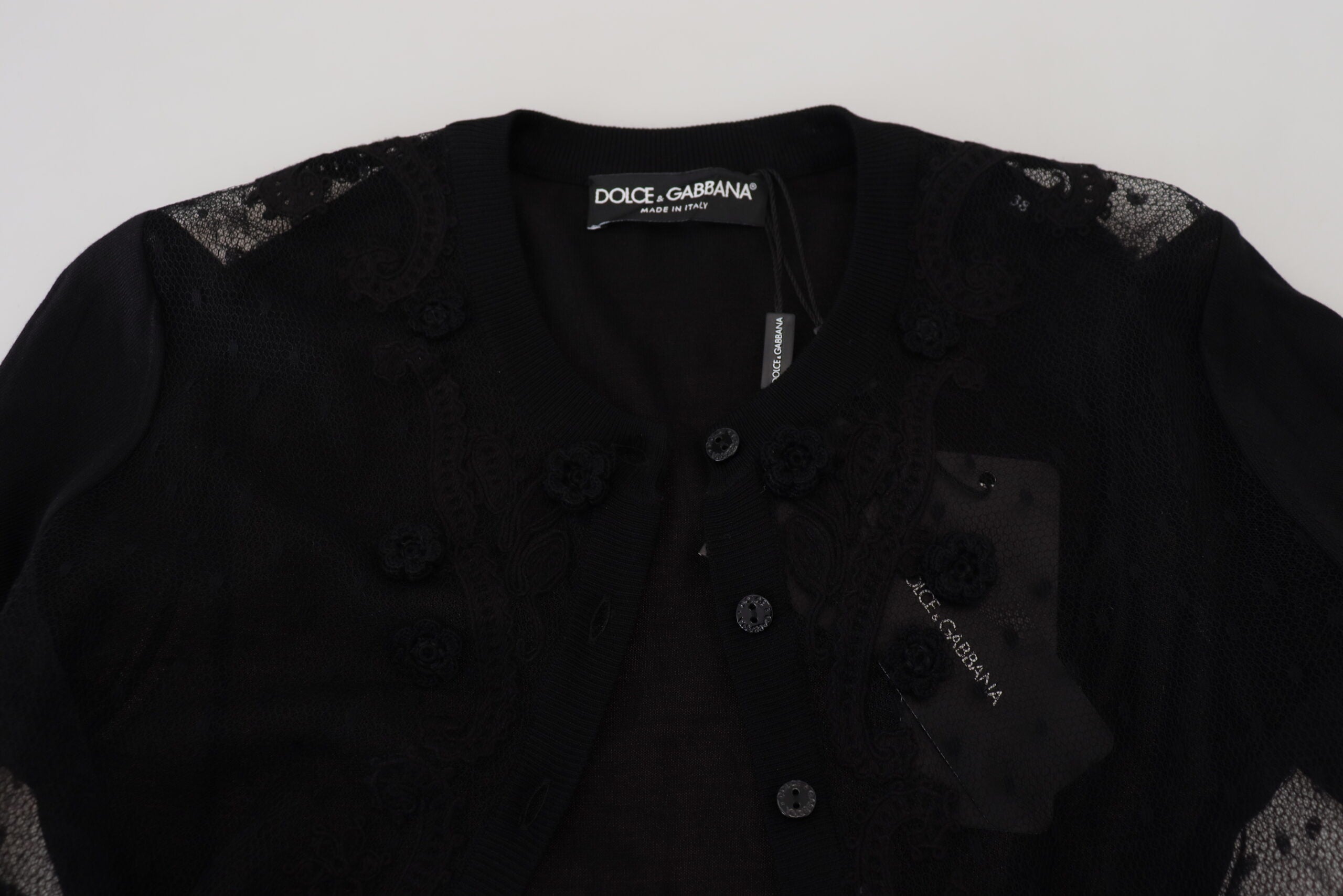 Dolce & Gabbana Schwarze floral gemusterte Strickjacke aus Spitze mit Knöpfen