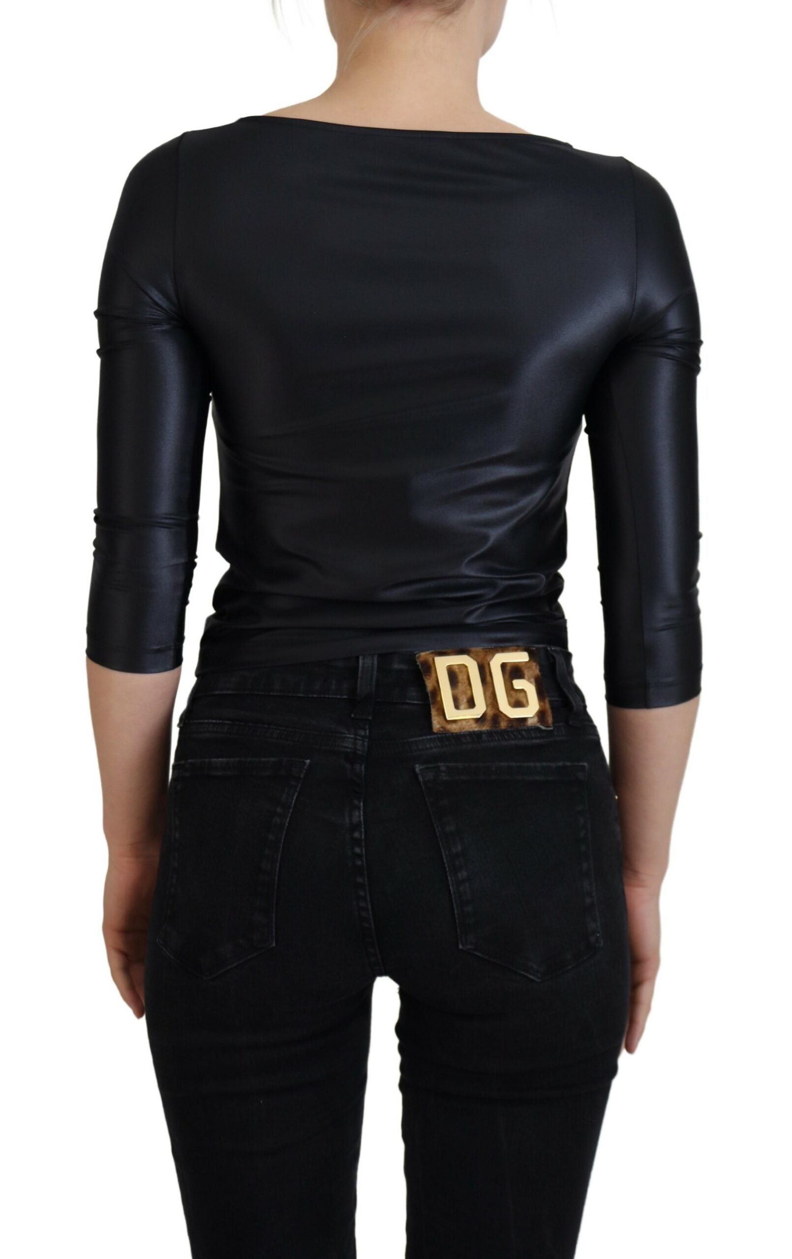Dolce & Gabbana Schwarzes Stretch-Baumwoll-Oberteil mit offenem Brustbereich und 3/4-Ärmeln
