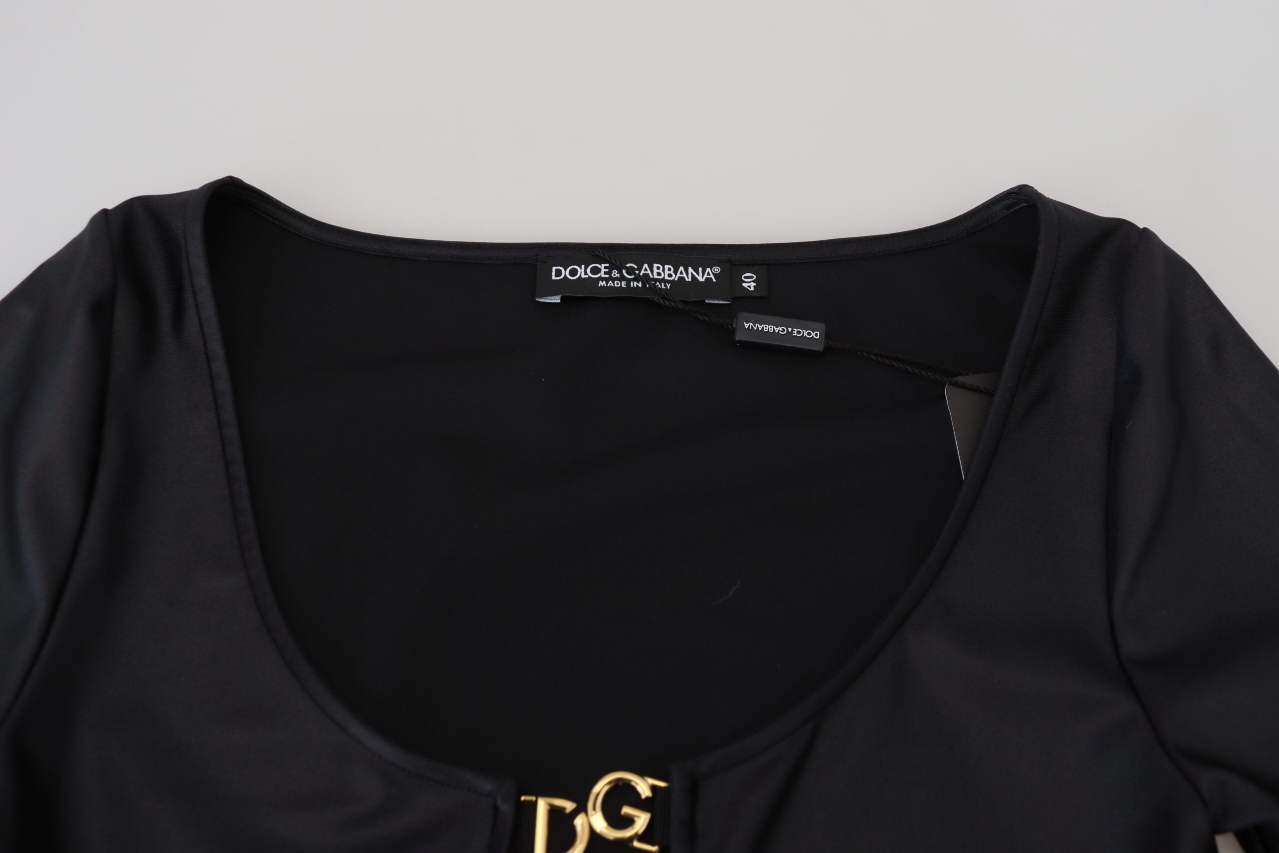Dolce & Gabbana Schwarzes Stretch-Baumwoll-Oberteil mit offenem Brustbereich und 3/4-Ärmeln