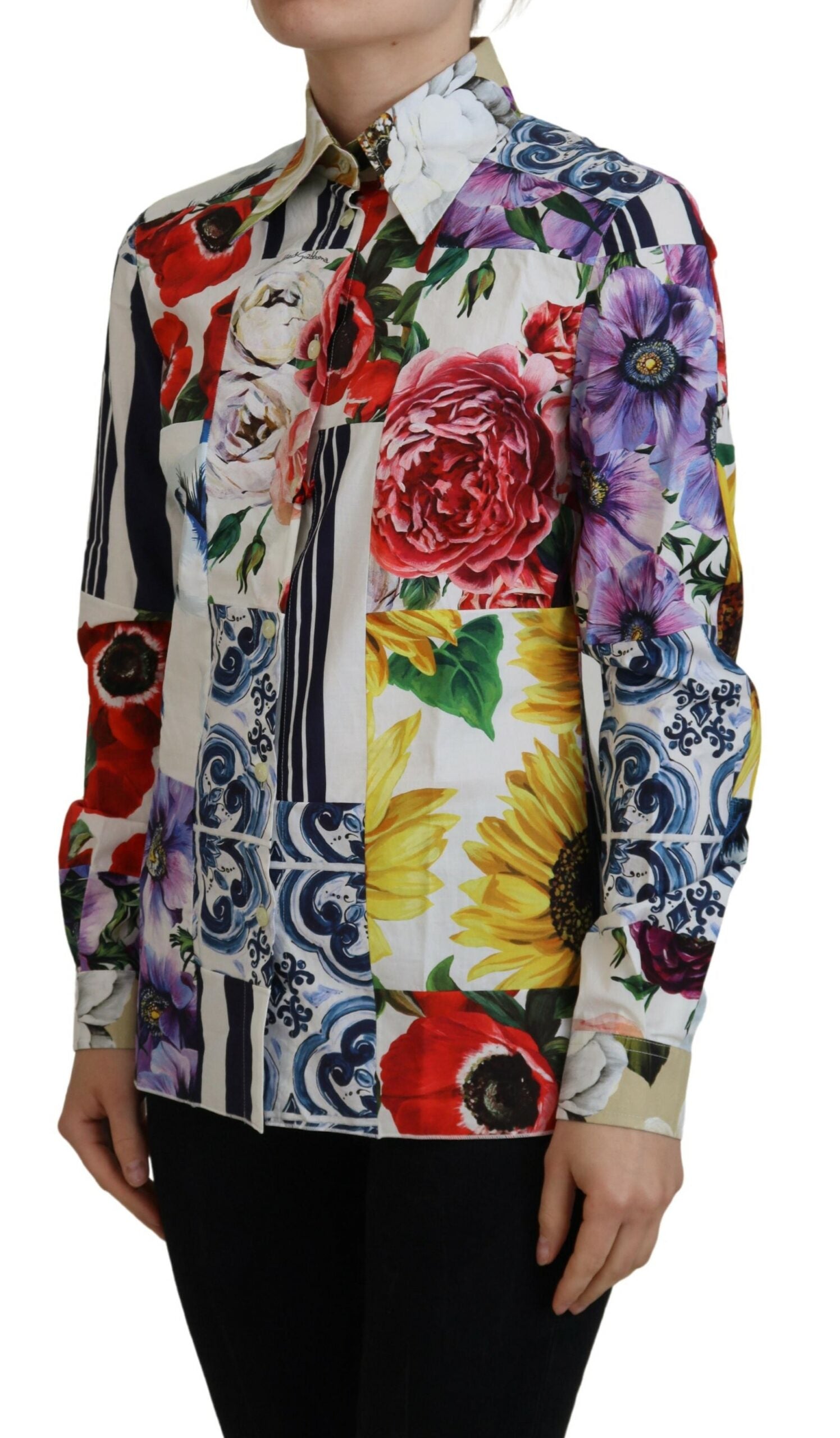 Dolce & Gabbana Bunte Baumwollbluse mit Blumenmuster und Kragen