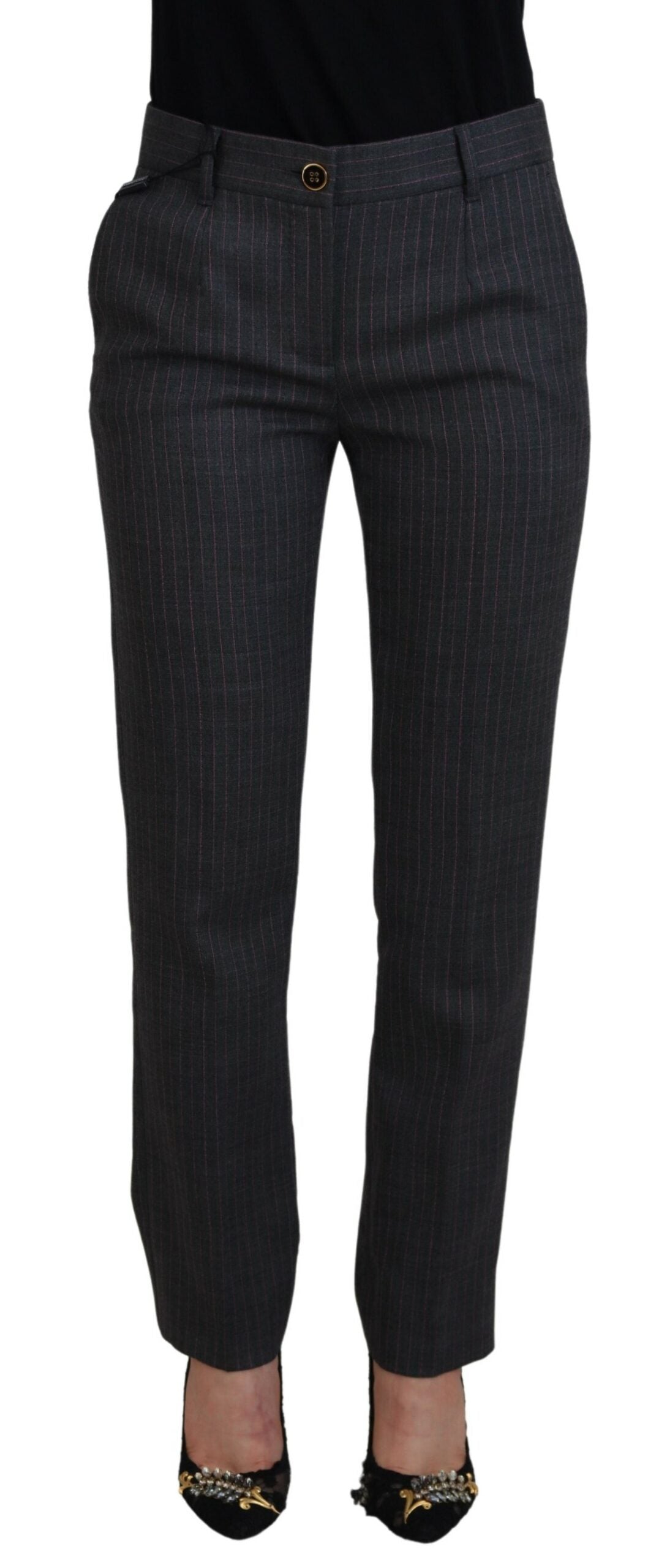 Dolce & Gabbana Damen Hose aus Wolle, grau gestreift, schmal zulaufend