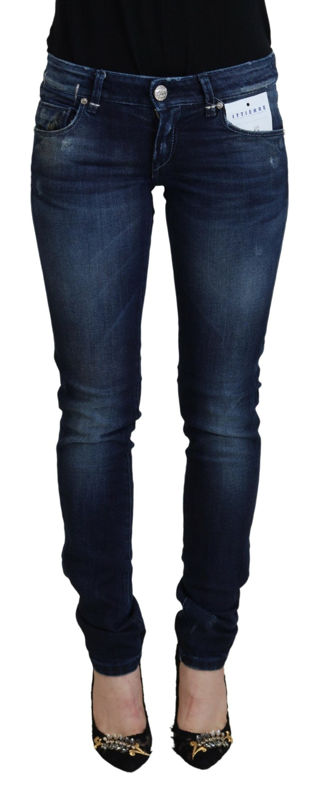 Acht blaue Slim Fit Low Waist Damenjeans aus Baumwolle