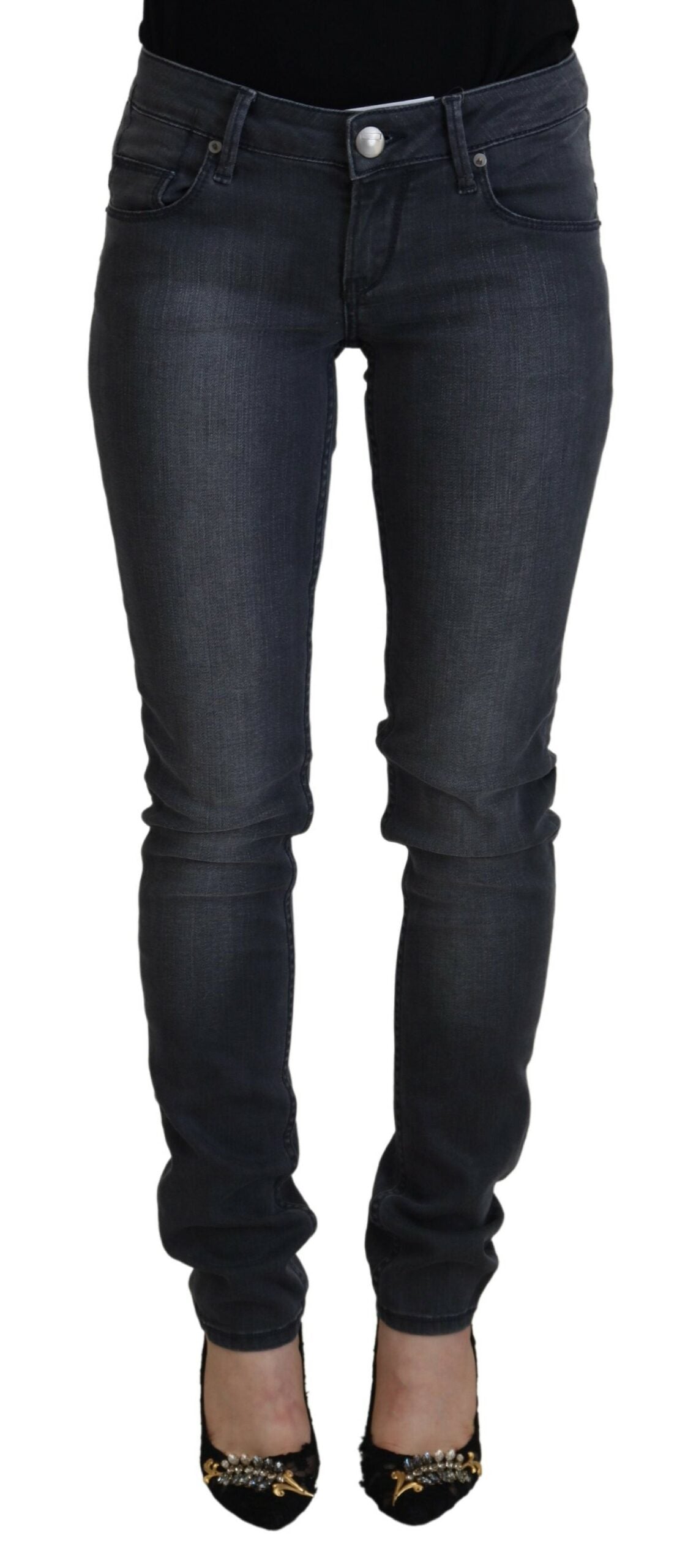 Acht graue Baumwoll-Skinny-Low-Waist-Damen-Jeans
