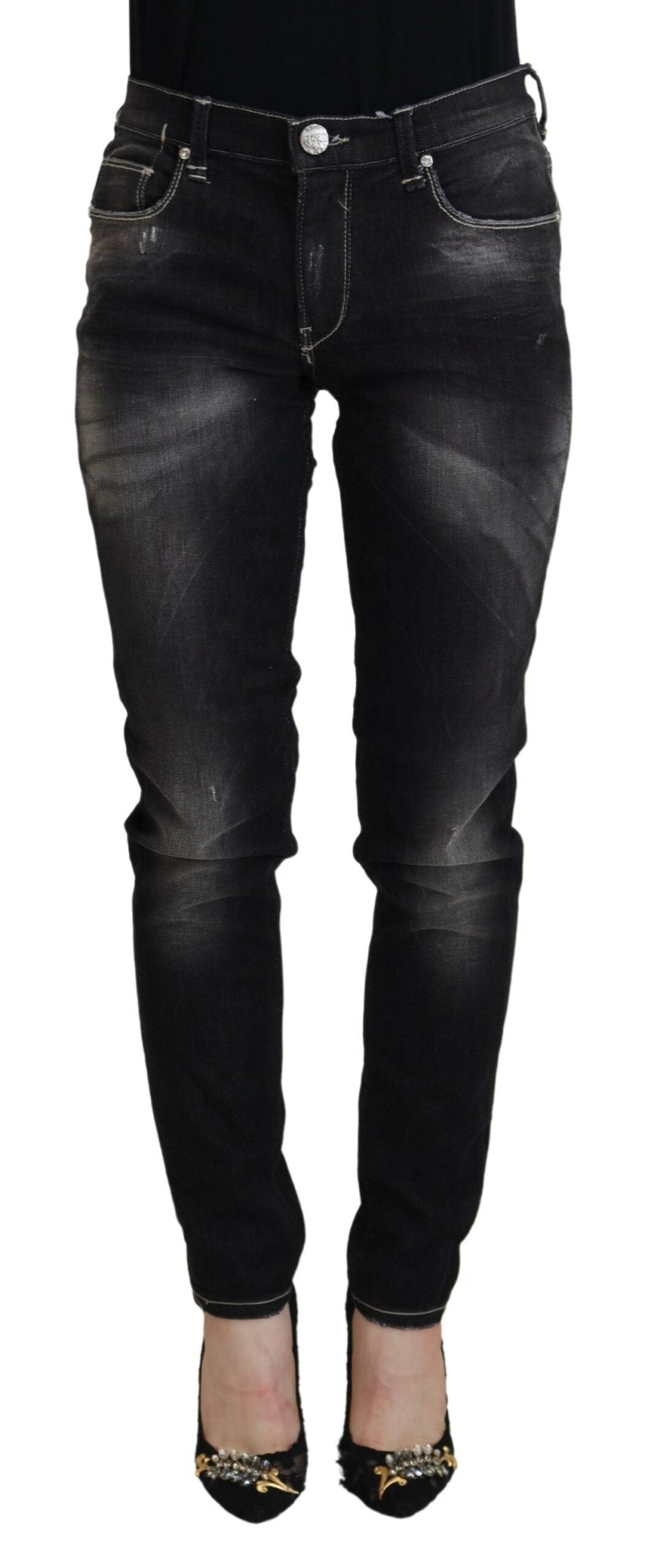 Acht Black Washed Mid Waist Tapered Damen Casual Jeans