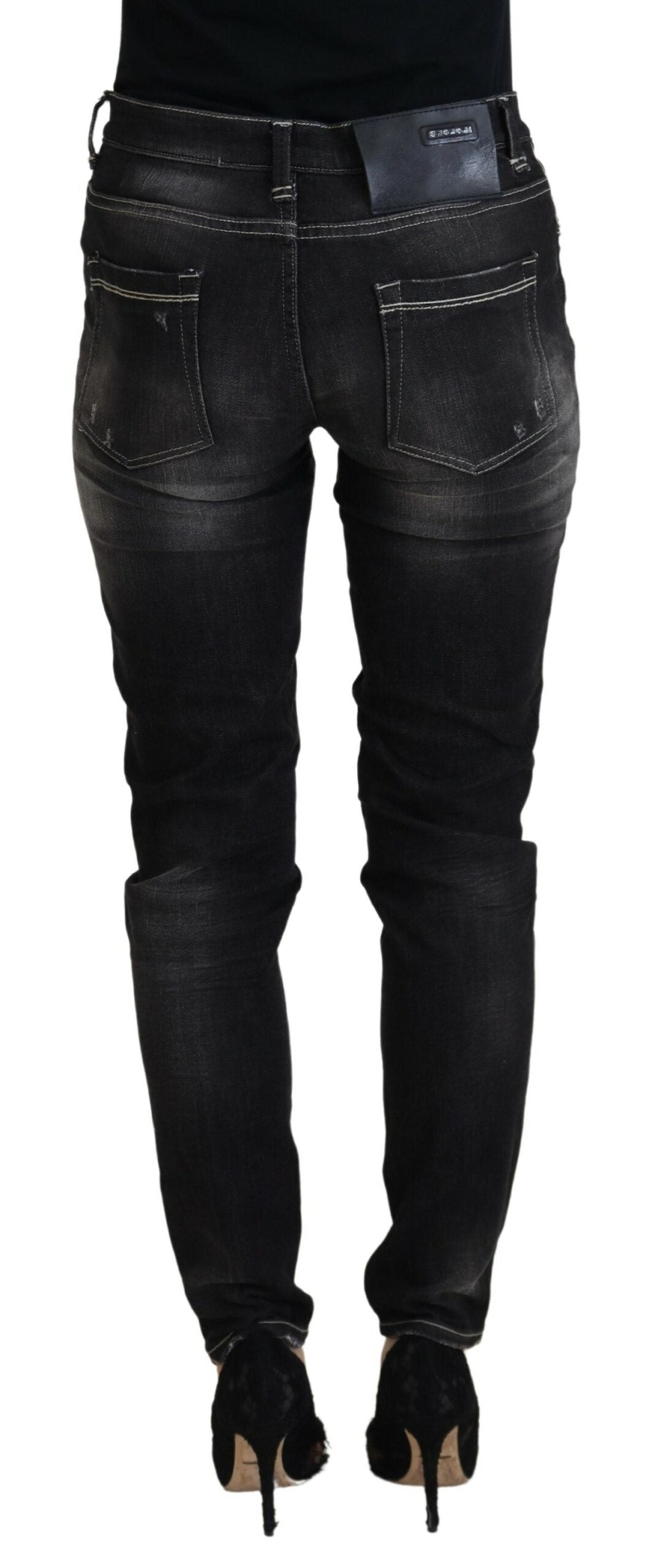 Acht Black Washed Mid Waist Tapered Damen Casual Jeans
