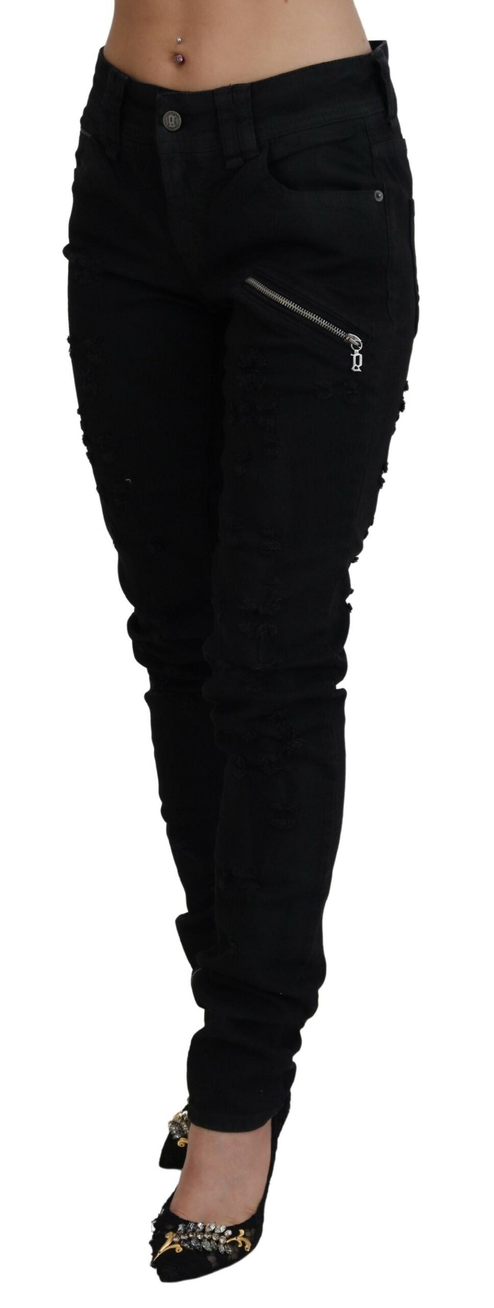 John Galliano Schwarze Baumwoll-Mid-Waist Skinny Slim Fit Jeans