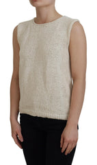 PINK MEMORIES Beige Cotton Blend Sleeveless Round Neck Tank Top