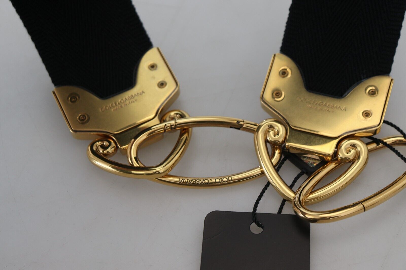 Dolce & Gabbana Schwarzer Schultergurt aus Messing mit Gold-Logo-Print