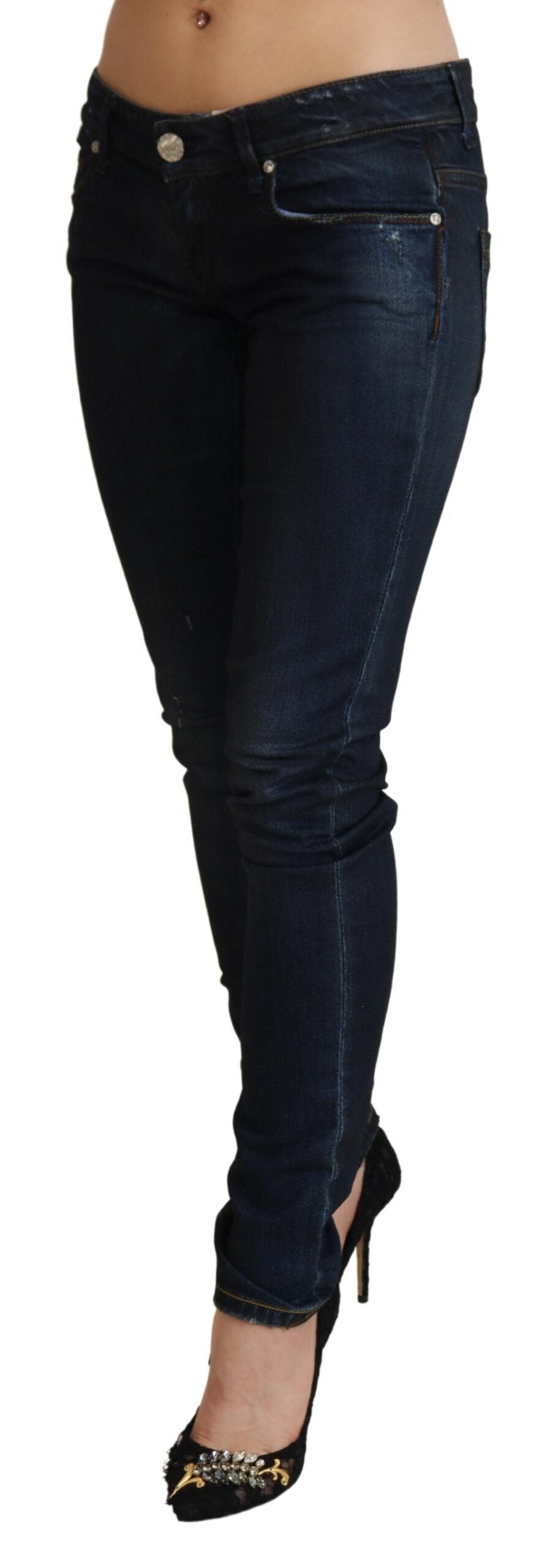 Acht blaue tief sitzende schmale Damen-Jeans aus Denim