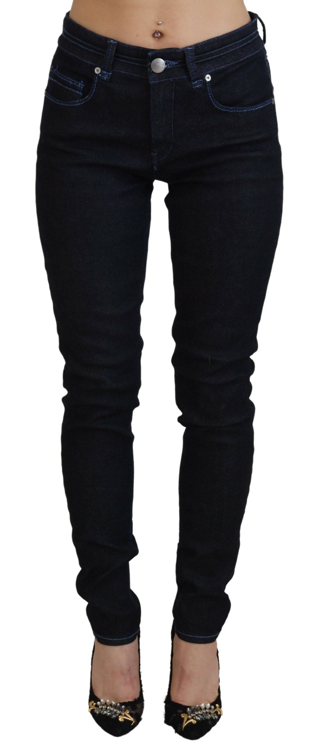 Acht dunkelblaue Low Waist Slim Fit Damen-Jeans