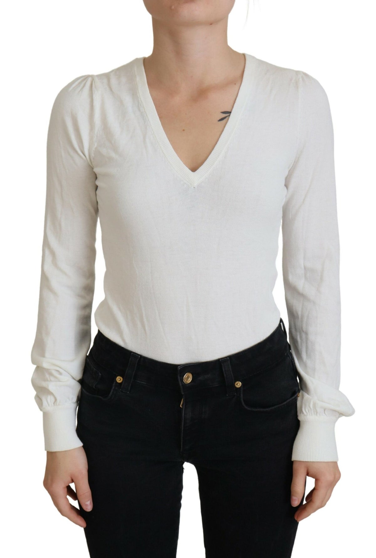 Patrizia Pepe Elfenbeinfarbene V-Ausschnitt Langarm Damen Bluse Top
