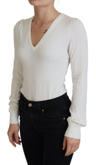 Patrizia Pepe Elfenbeinfarbene V-Ausschnitt Langarm Damen Bluse Top