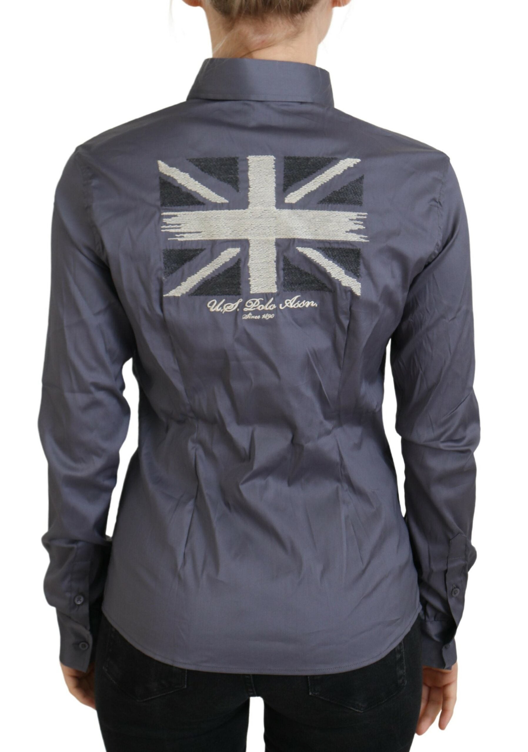 U.S. POLO ASSN. Gray Printed Long Sleeves Collared Top