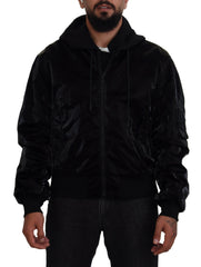 Dolce & Gabbana Zwarte Nylon Bomberjack Met Capuchon En Ritssluiting