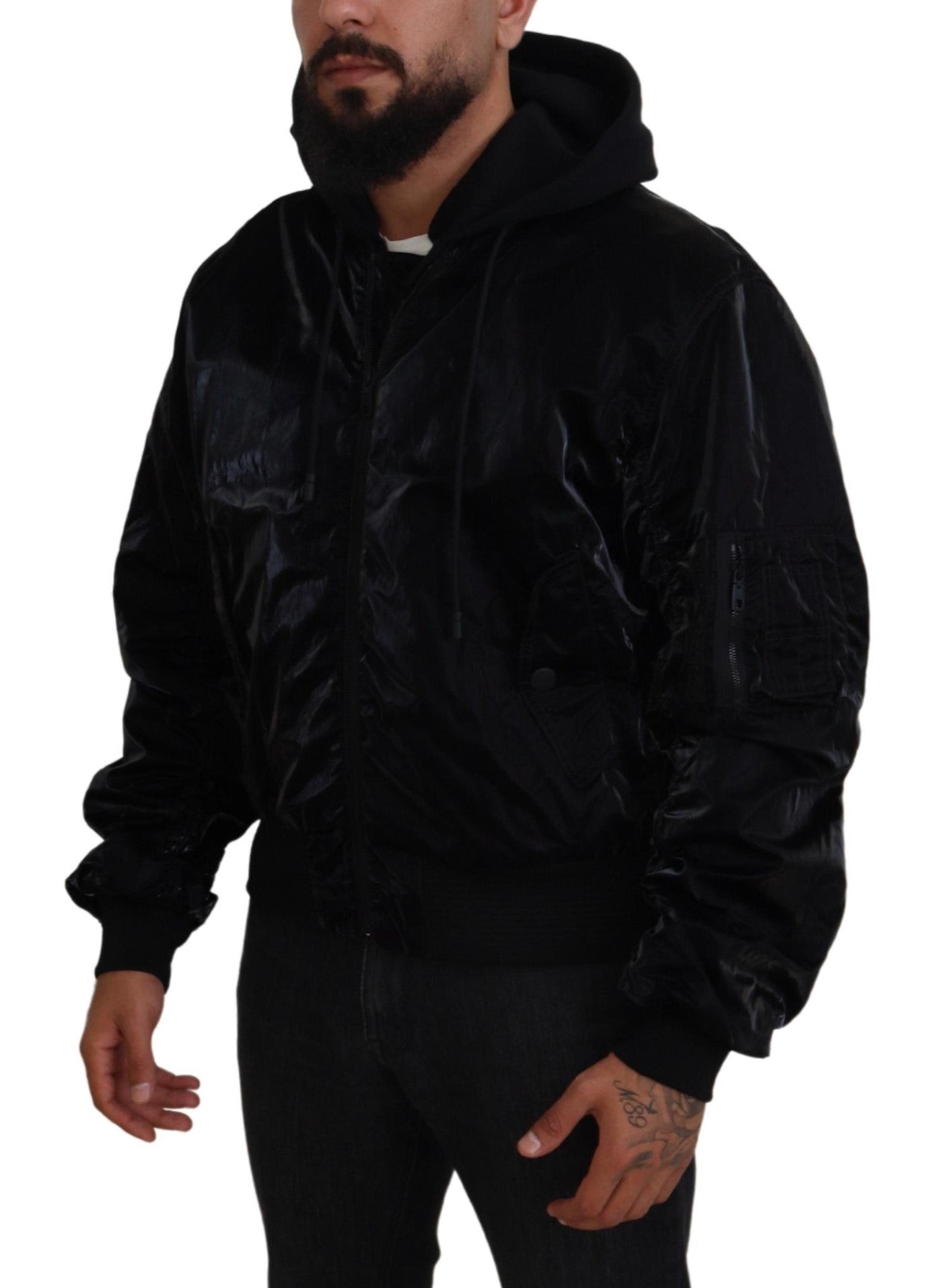 Dolce & Gabbana Zwarte Nylon Bomberjack Met Capuchon En Ritssluiting