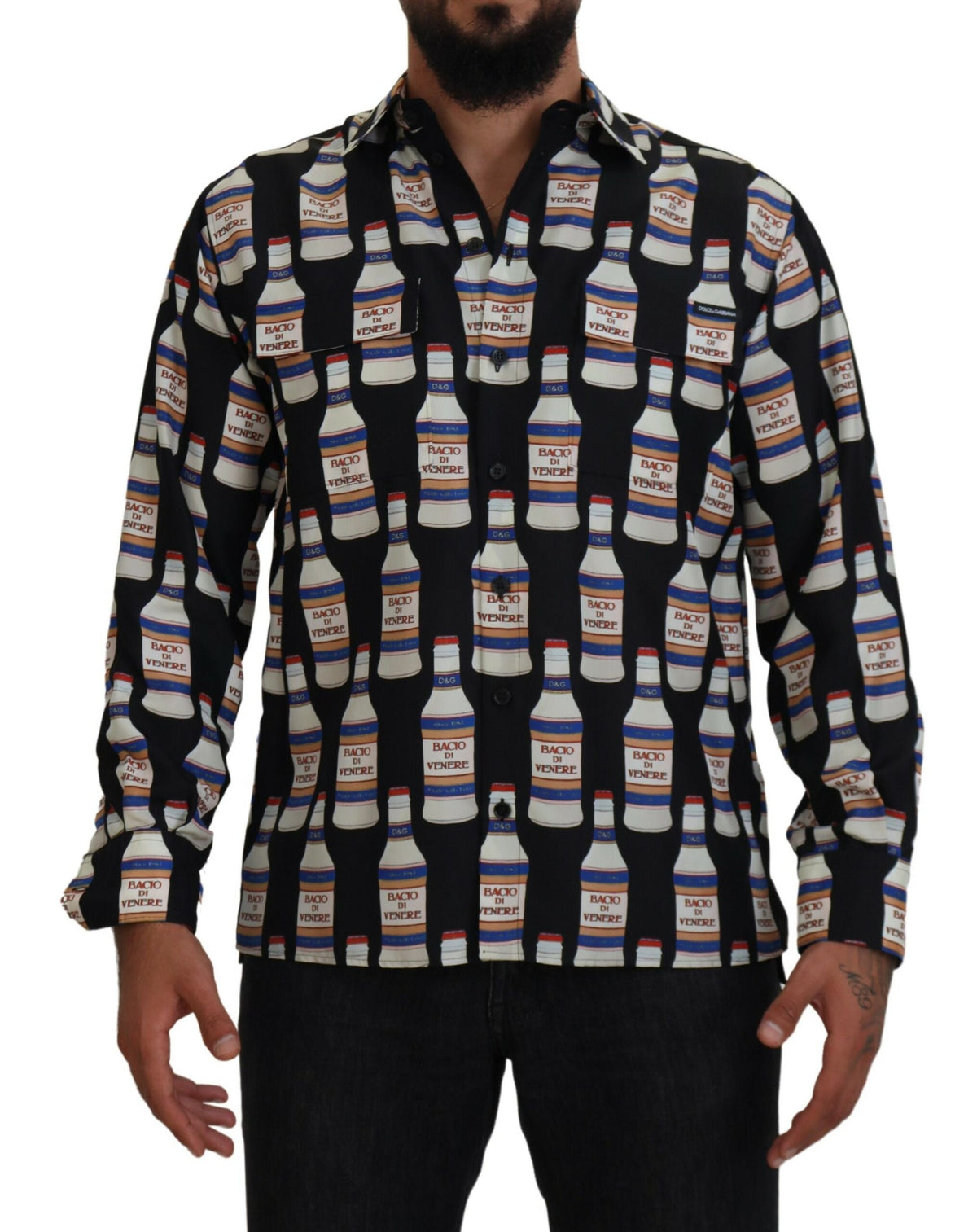 Dolce & Gabbana Schwarzes Seidenhemd mit Aufdruck und Kragen für Herren