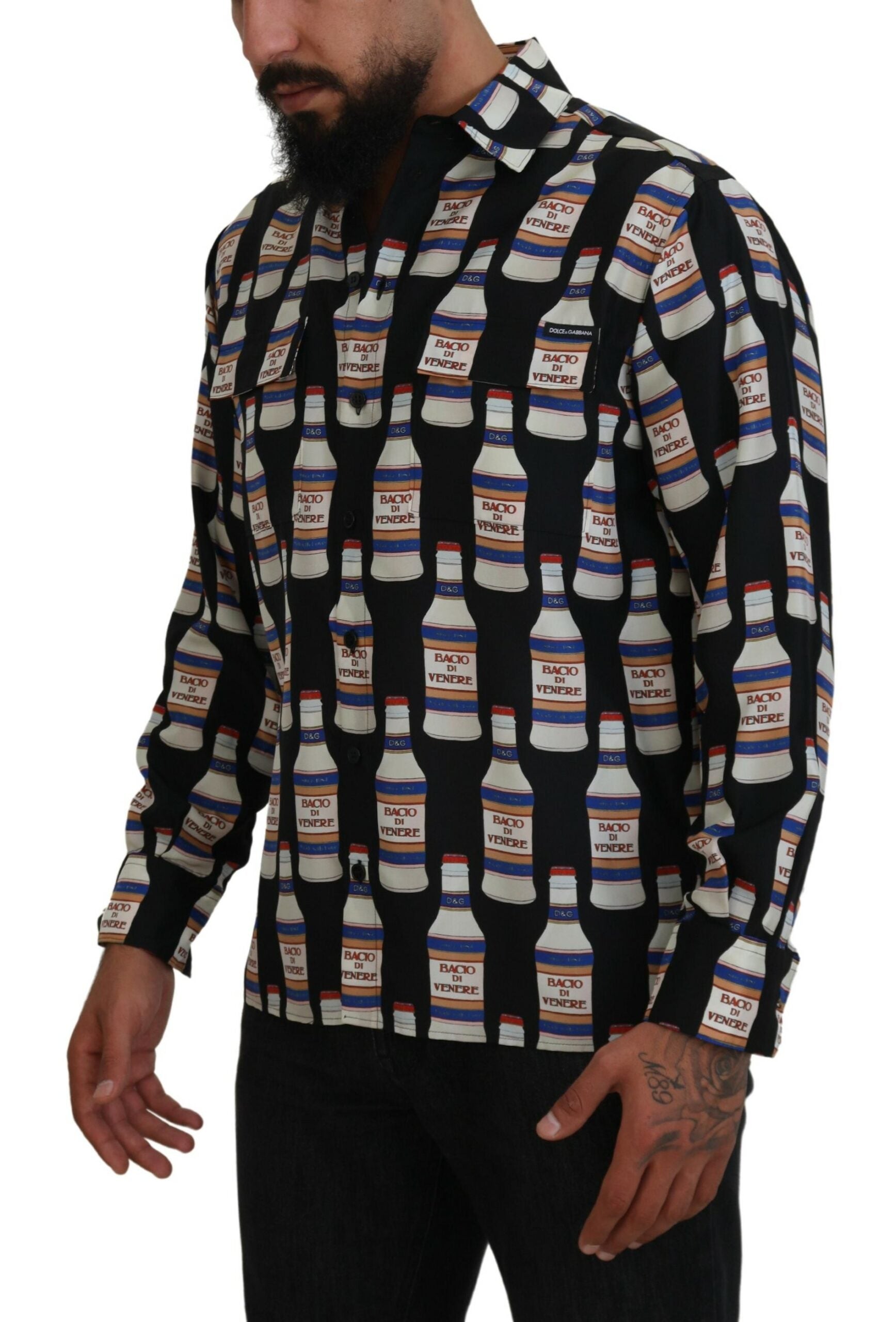 Dolce & Gabbana Schwarzes Seidenhemd mit Aufdruck und Kragen für Herren