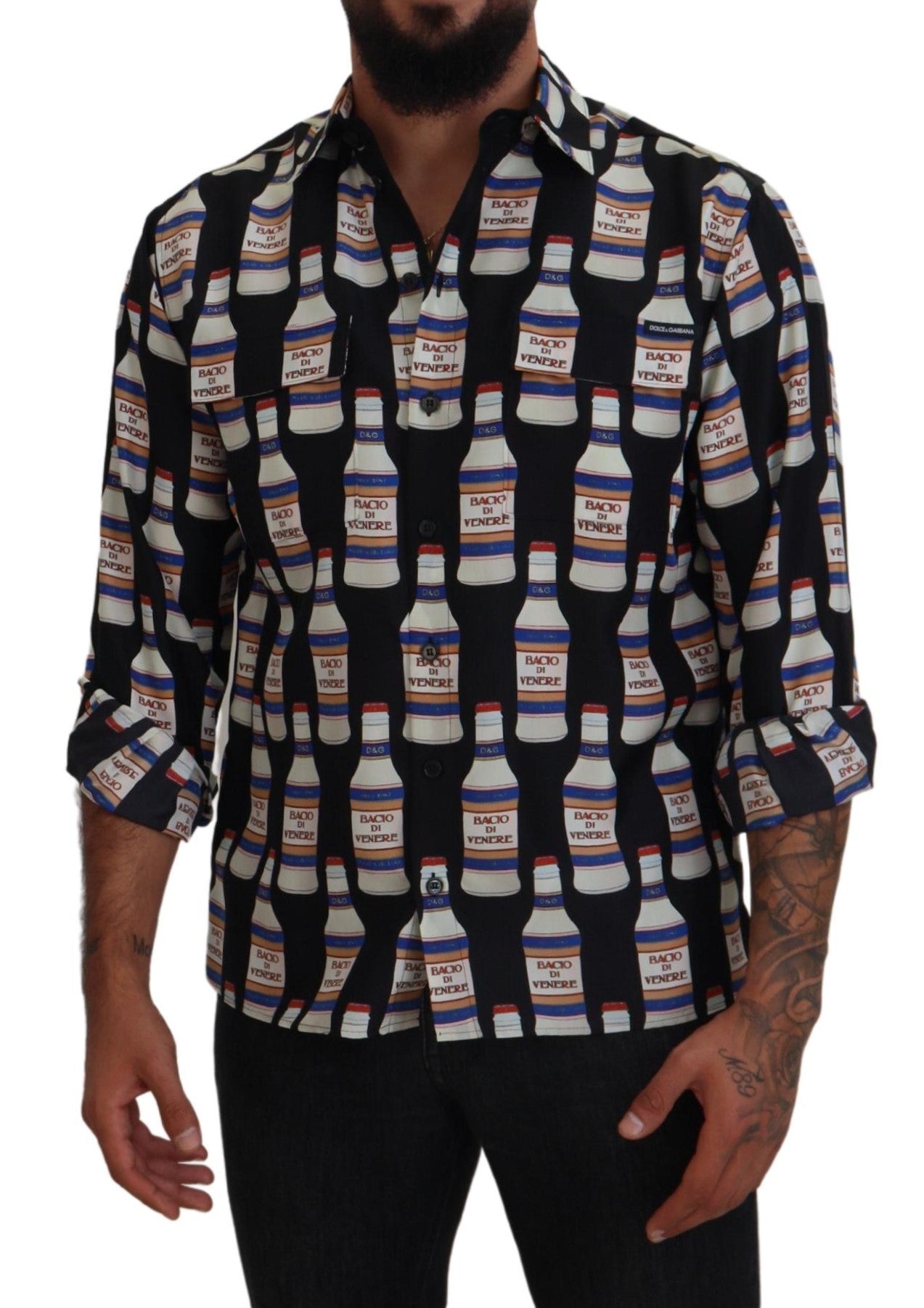 Dolce & Gabbana Schwarzes Seidenhemd mit Aufdruck und Kragen für Herren
