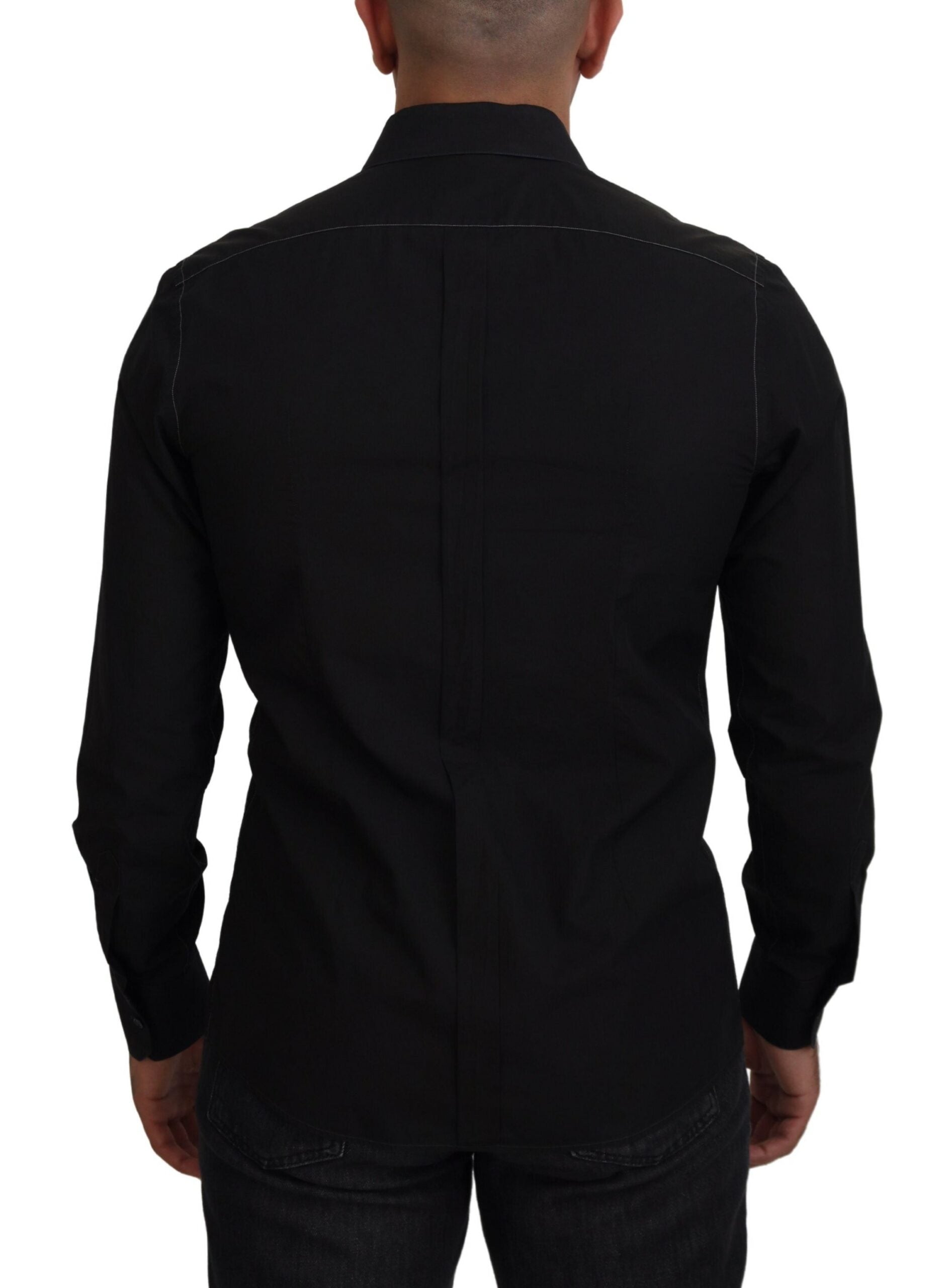 Dolce & Gabbana Schwarzes Baumwoll-Langarmhemd mit Kragen GOLD